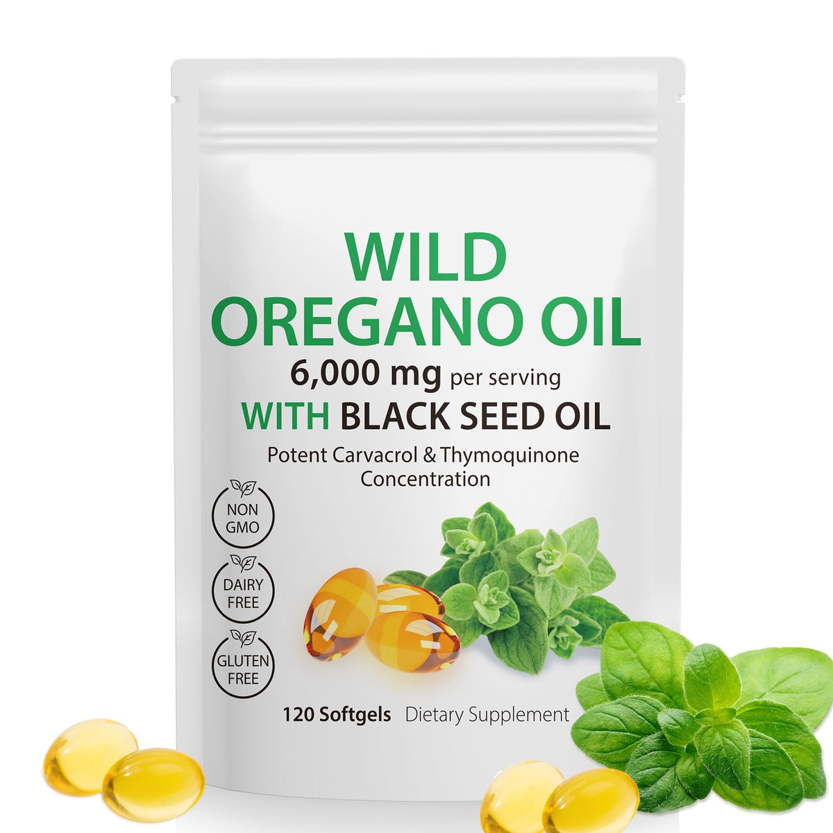 SDJUFEI Oil of Oregano Softgels bottle showing 2-in-1 blend for everyday wellness.
