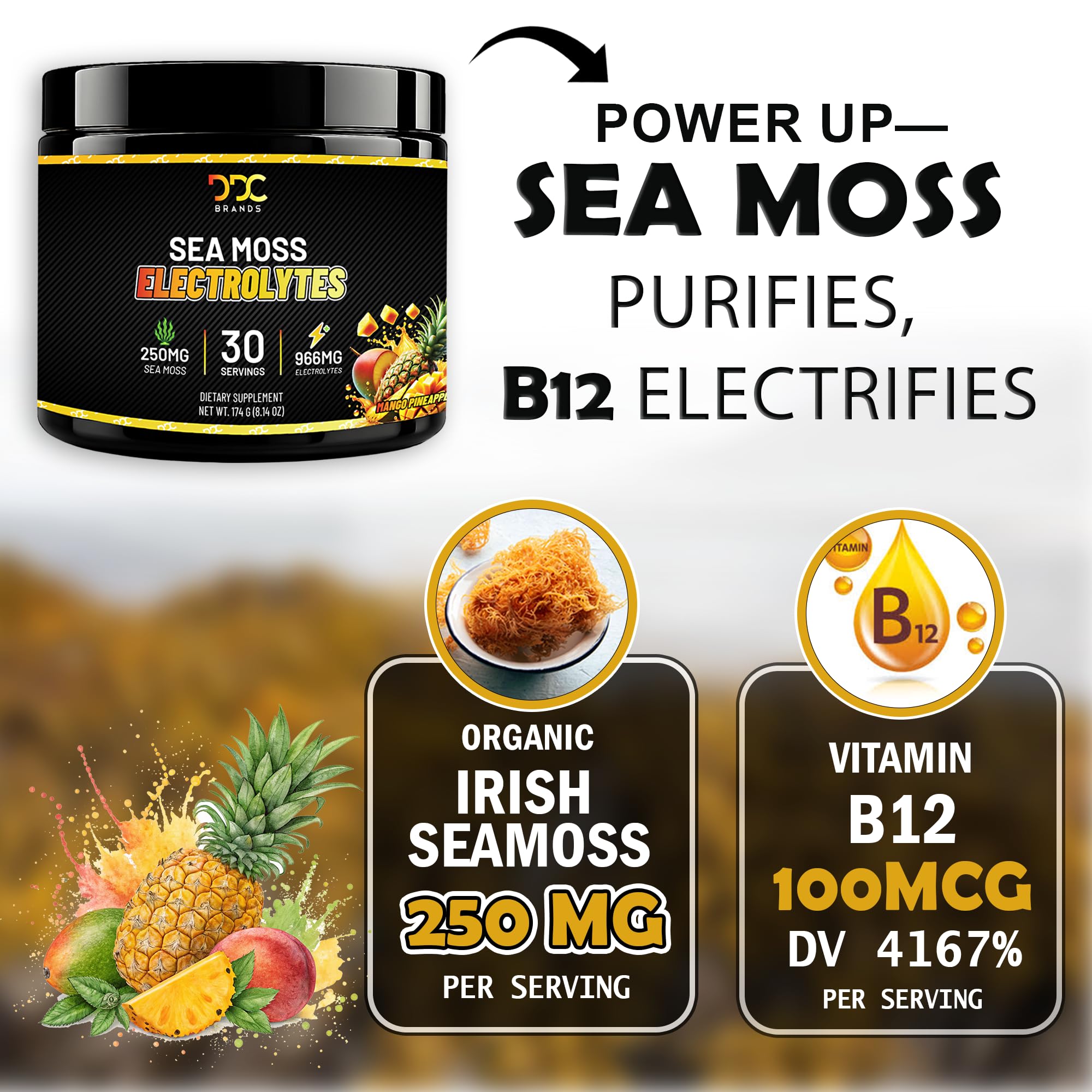 Sea Moss Electrolytes in a glass showcasing vibrant mango pineapple flavor