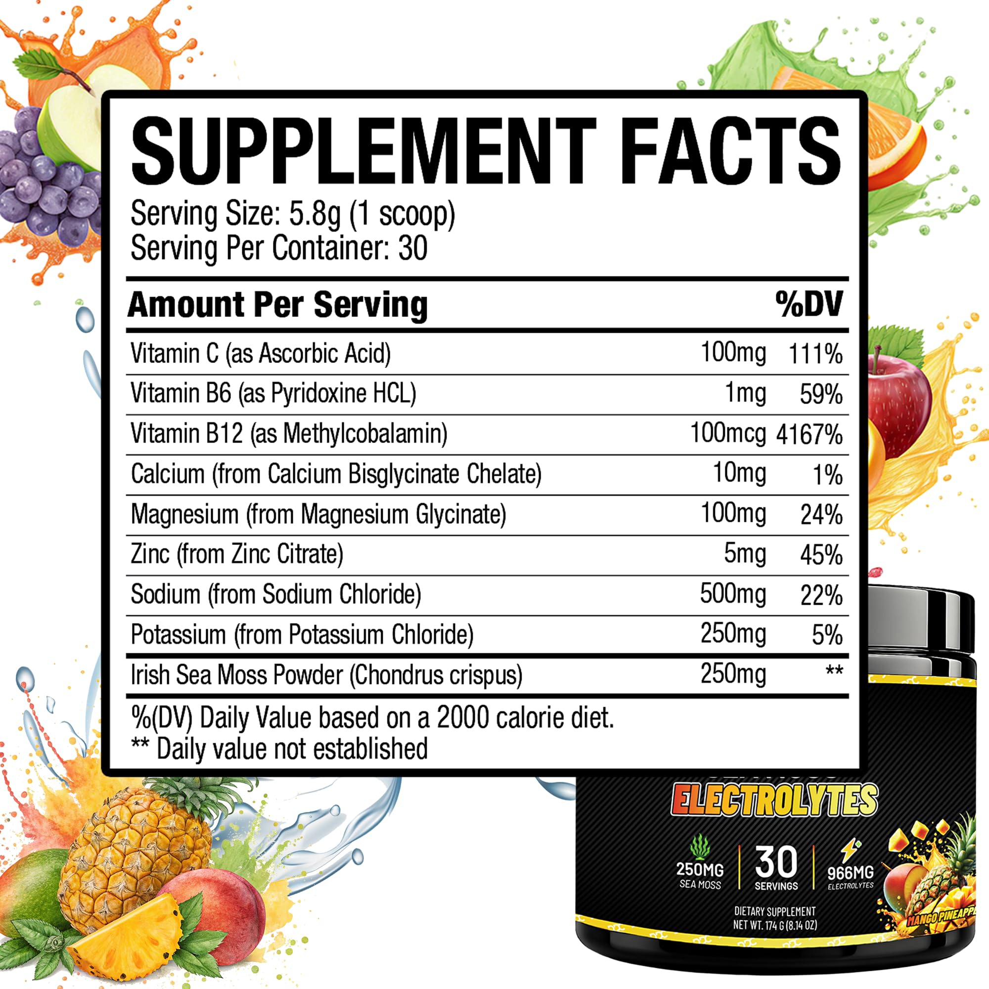 Sea Moss Electrolytes label highlights sugar-free formula and benefits