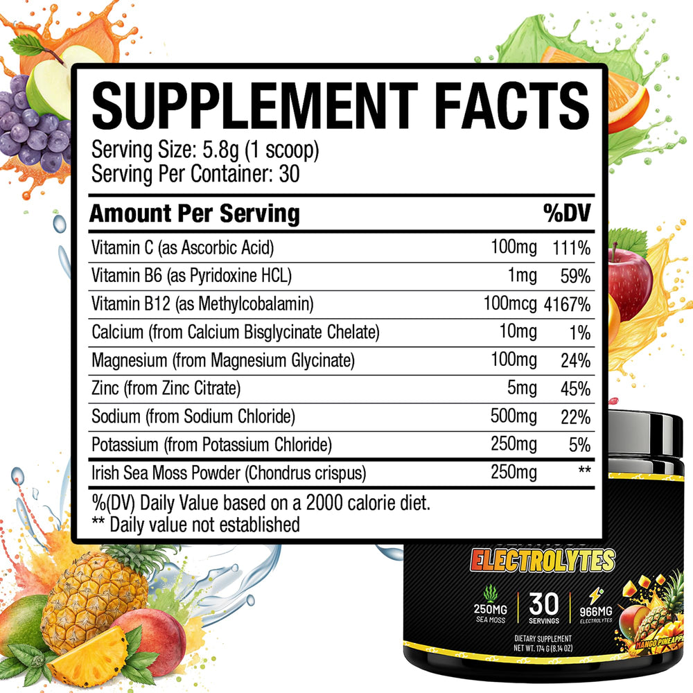 Sea Moss Electrolytes label highlights sugar-free formula and benefits