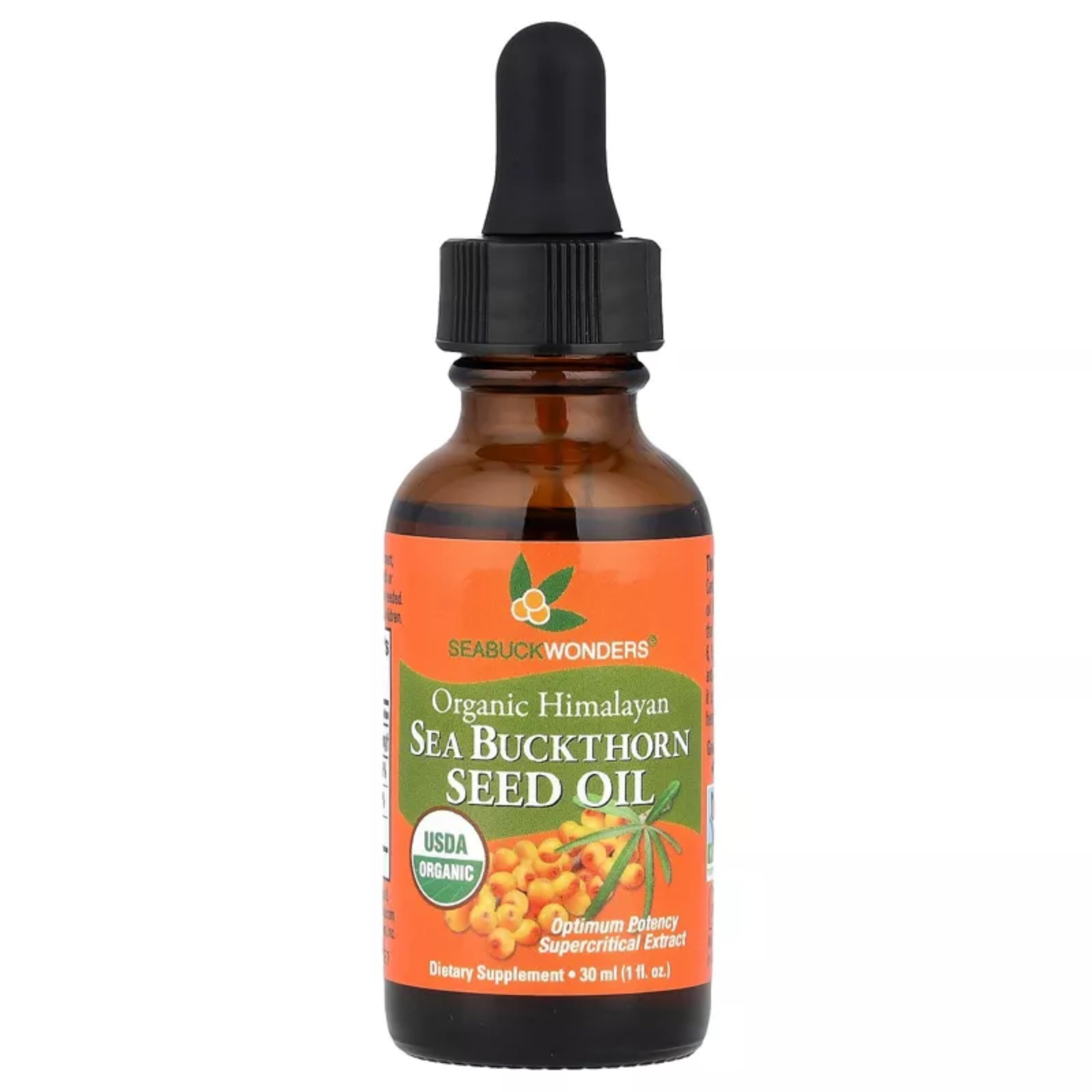 SEABUCKWONDERS sea buckthorn seed oil bottle showing pure organic oil for internal or topical use