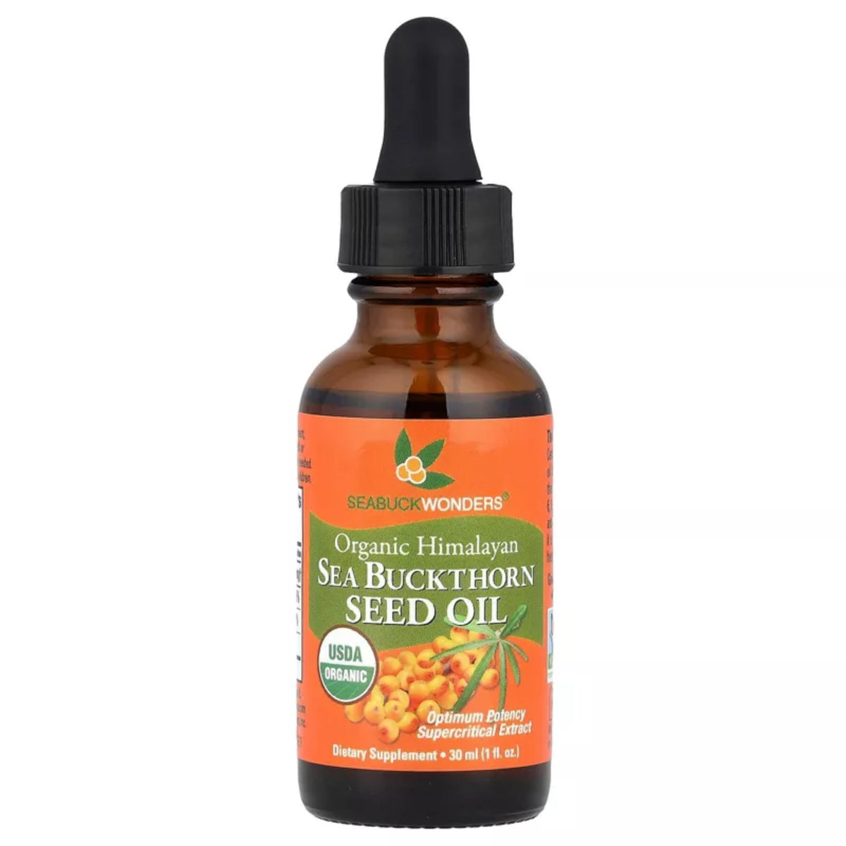 SEABUCKWONDERS sea buckthorn seed oil bottle showing pure organic oil for internal or topical use