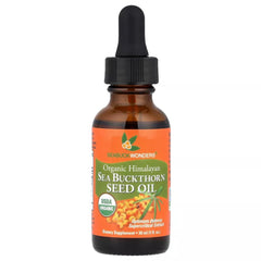SEABUCKWONDERS sea buckthorn seed oil bottle showing pure organic oil for internal or topical use