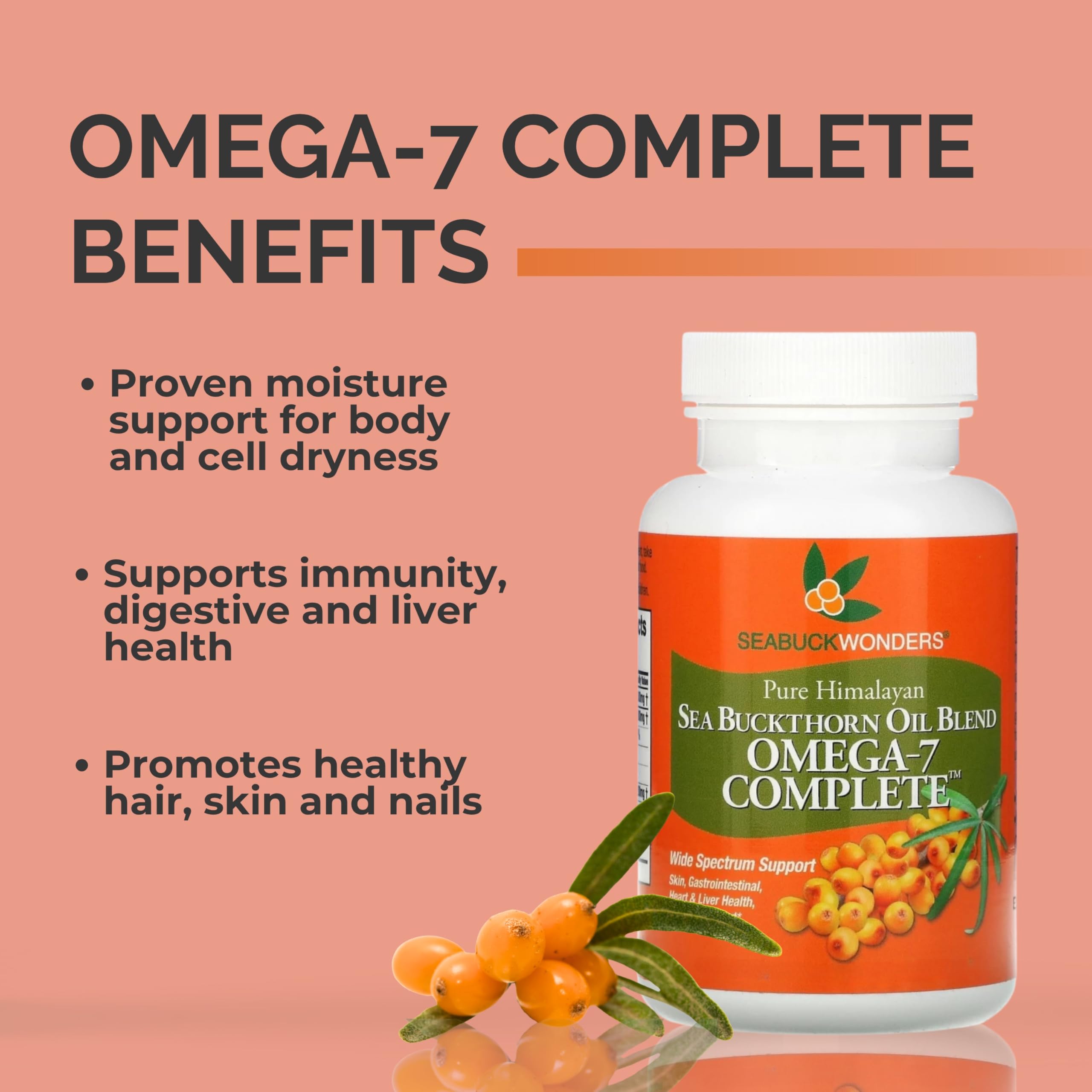 Close-up of SEABUCKWONDERS softgel capsules for convenient omega-7 intake.