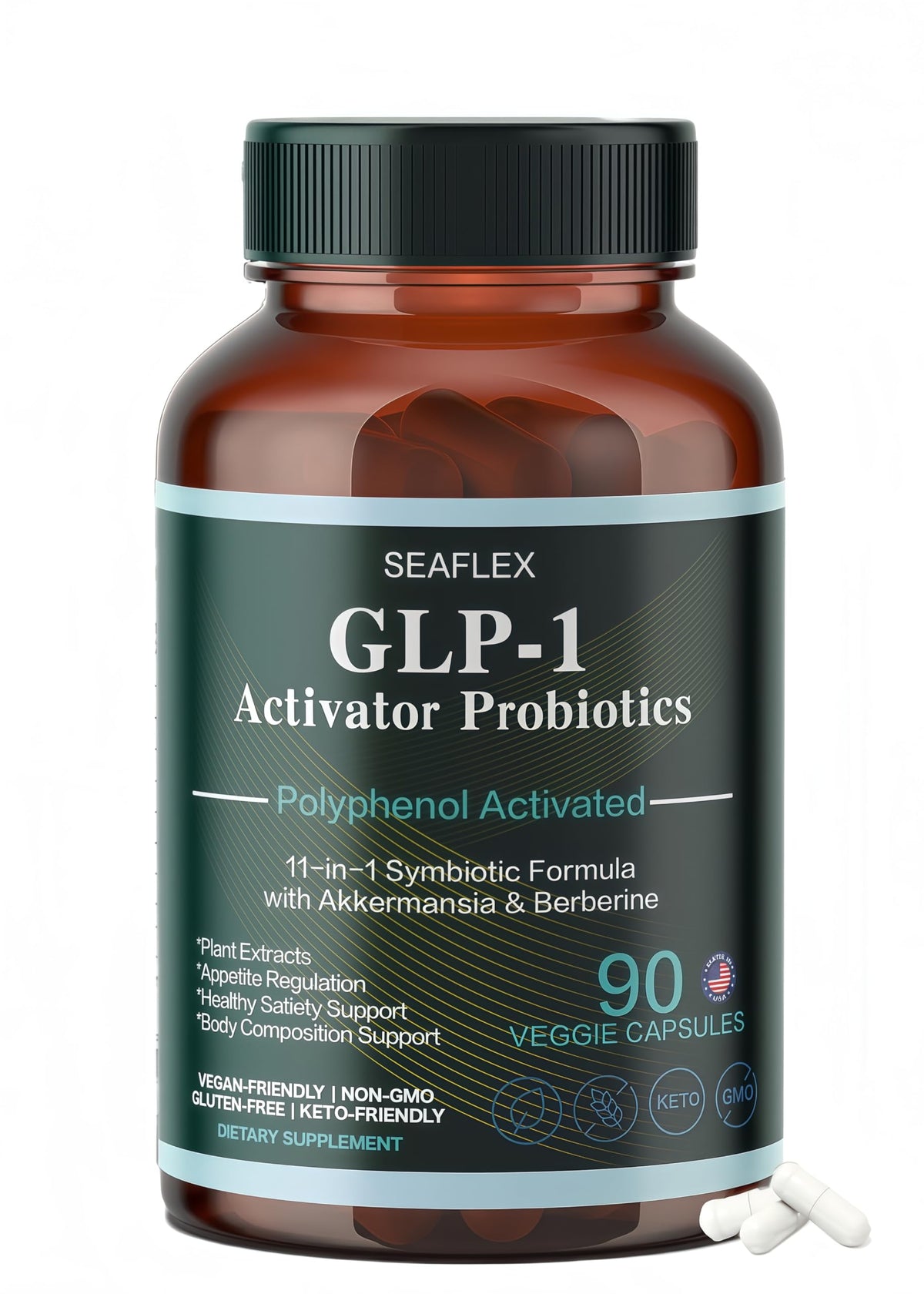 SEAFLEX GLP-1 bottle on table highlights digestive support and daily wellness
