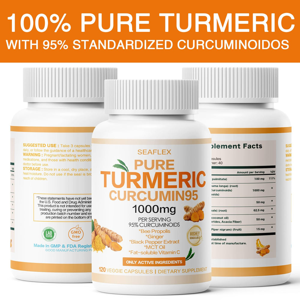 SEAFLEX Turmeric Curcumin 95 capsules closeup highlights vegan-friendly veggie capsules.