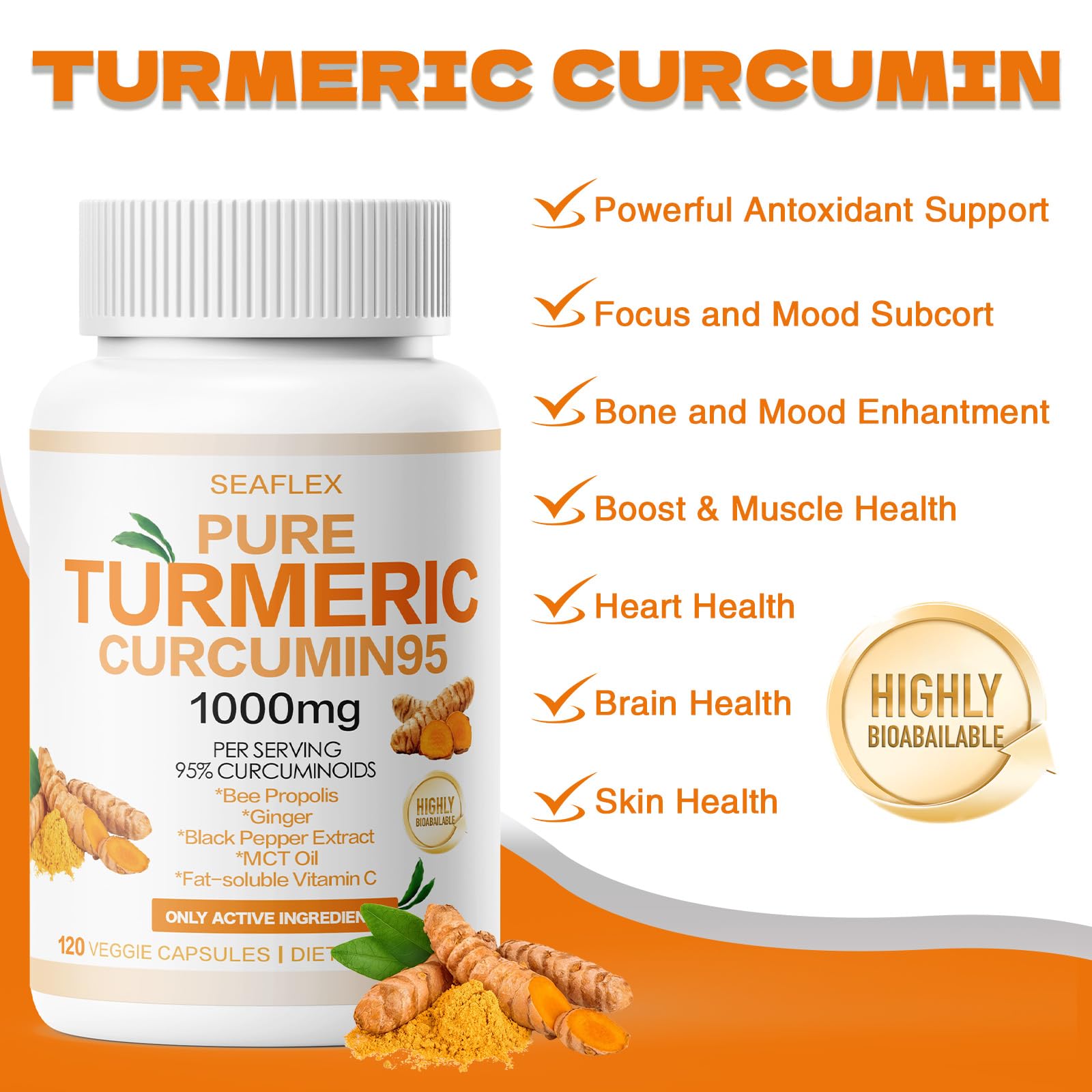 SEAFLEX Turmeric Curcumin 95 bee propolis ingredients illustrating antioxidant-rich blend.