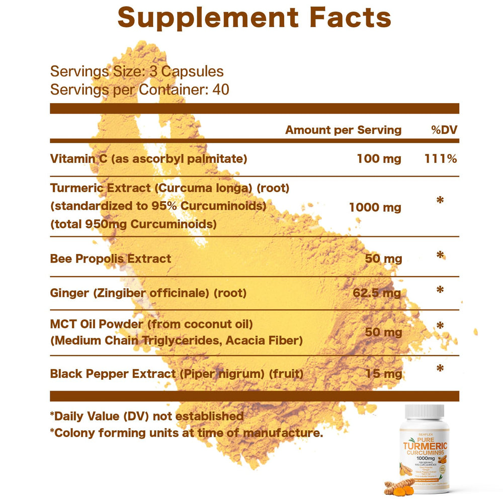 SEAFLEX Turmeric Curcumin 95 black pepper extract boosts bioavailability for stronger absorption.