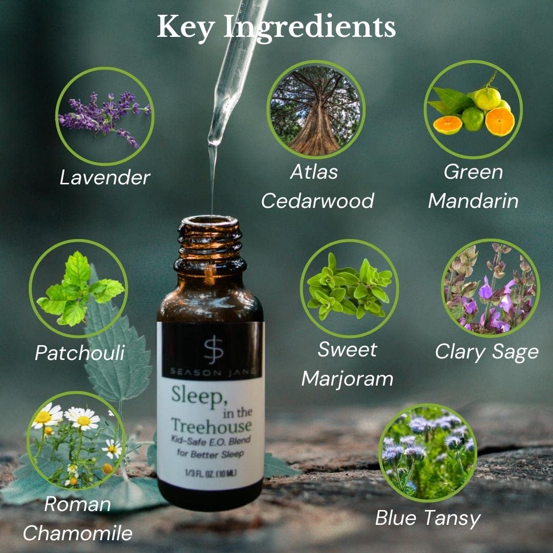 Season Jane Sleep in The Treehouse bottle label details soothing, kid-safe essential oil blend.