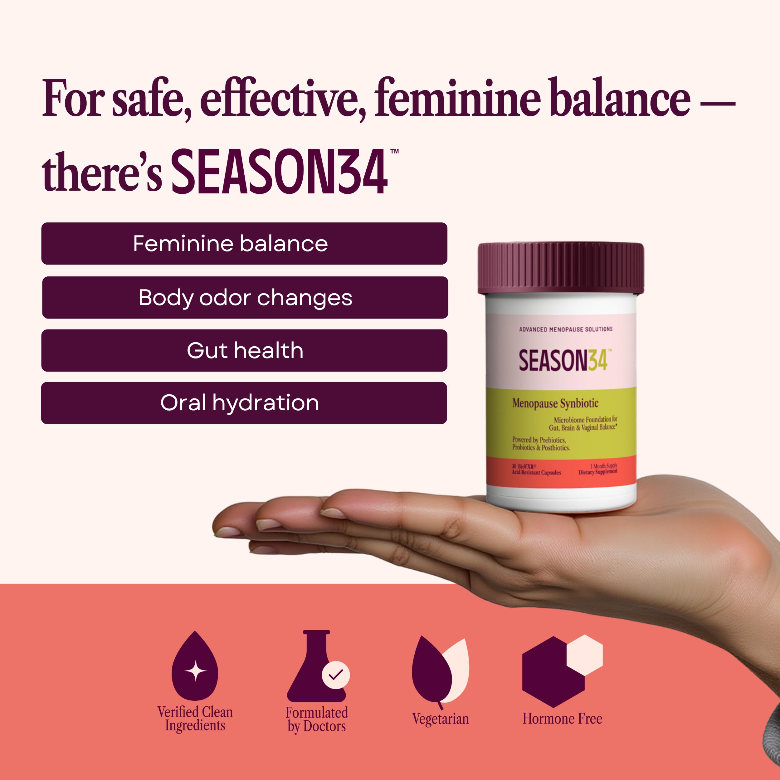 Closeup of SEASON34 capsules for gut and vaginal health