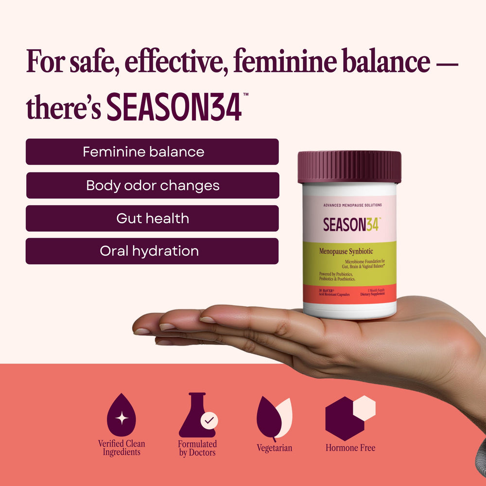 Closeup of SEASON34 capsules for gut and vaginal health