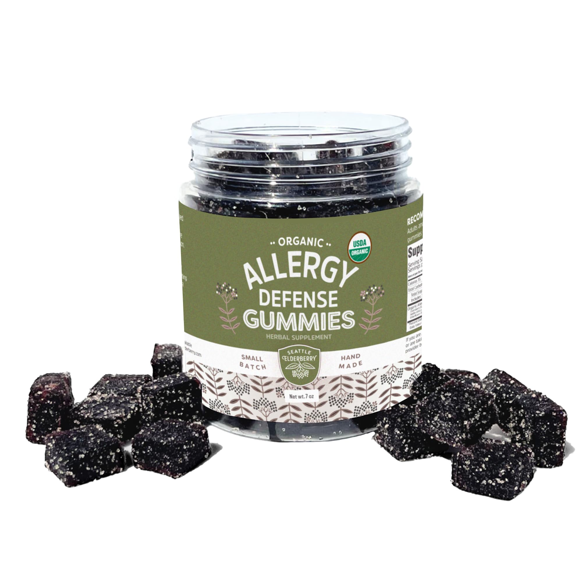 Seattle Elderberry Allergy Defense Gummies bottle highlights organic ingredients for seasonal comfort