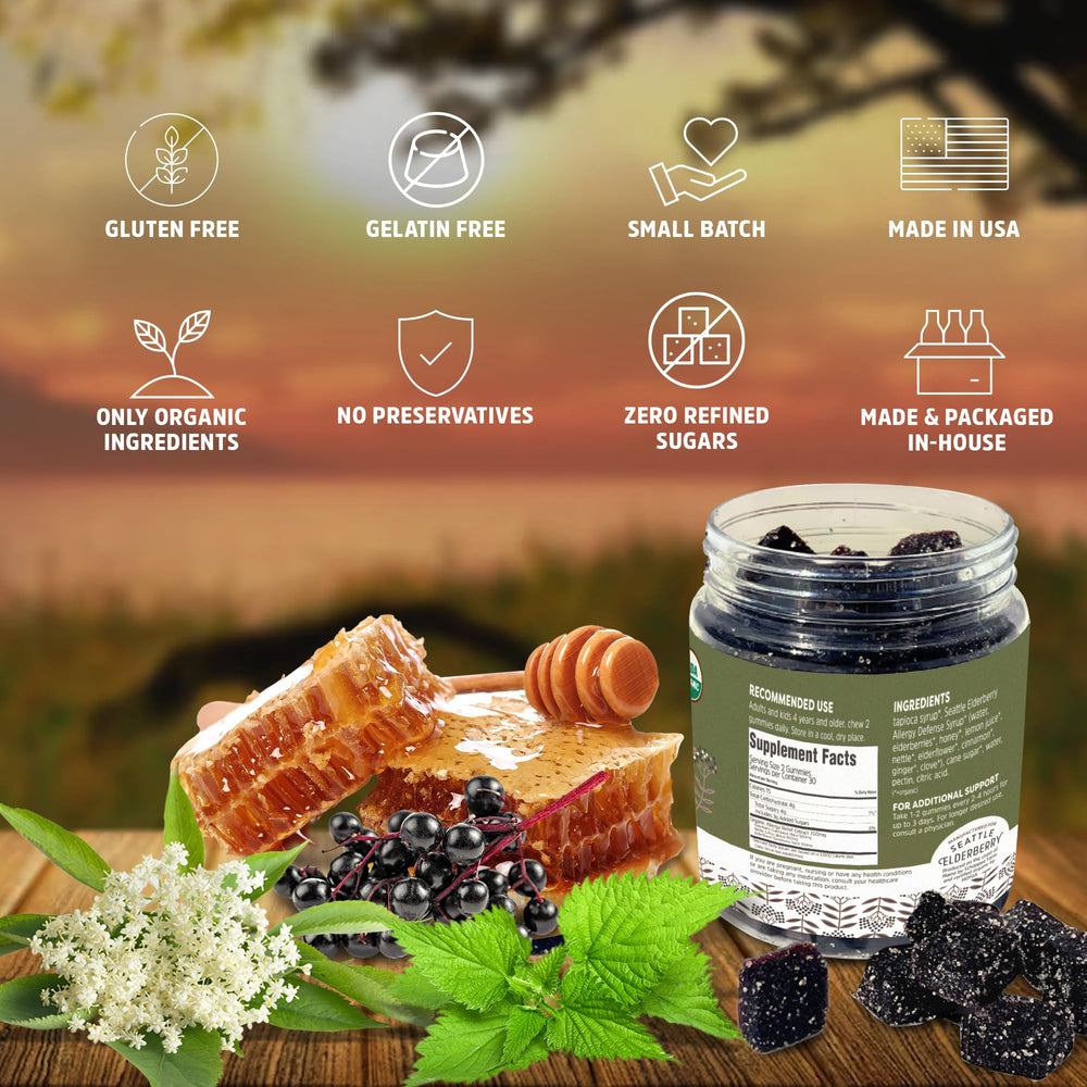 Seattle Elderberry Allergy Defense Gummies ingredients panel shows clean organic formulation