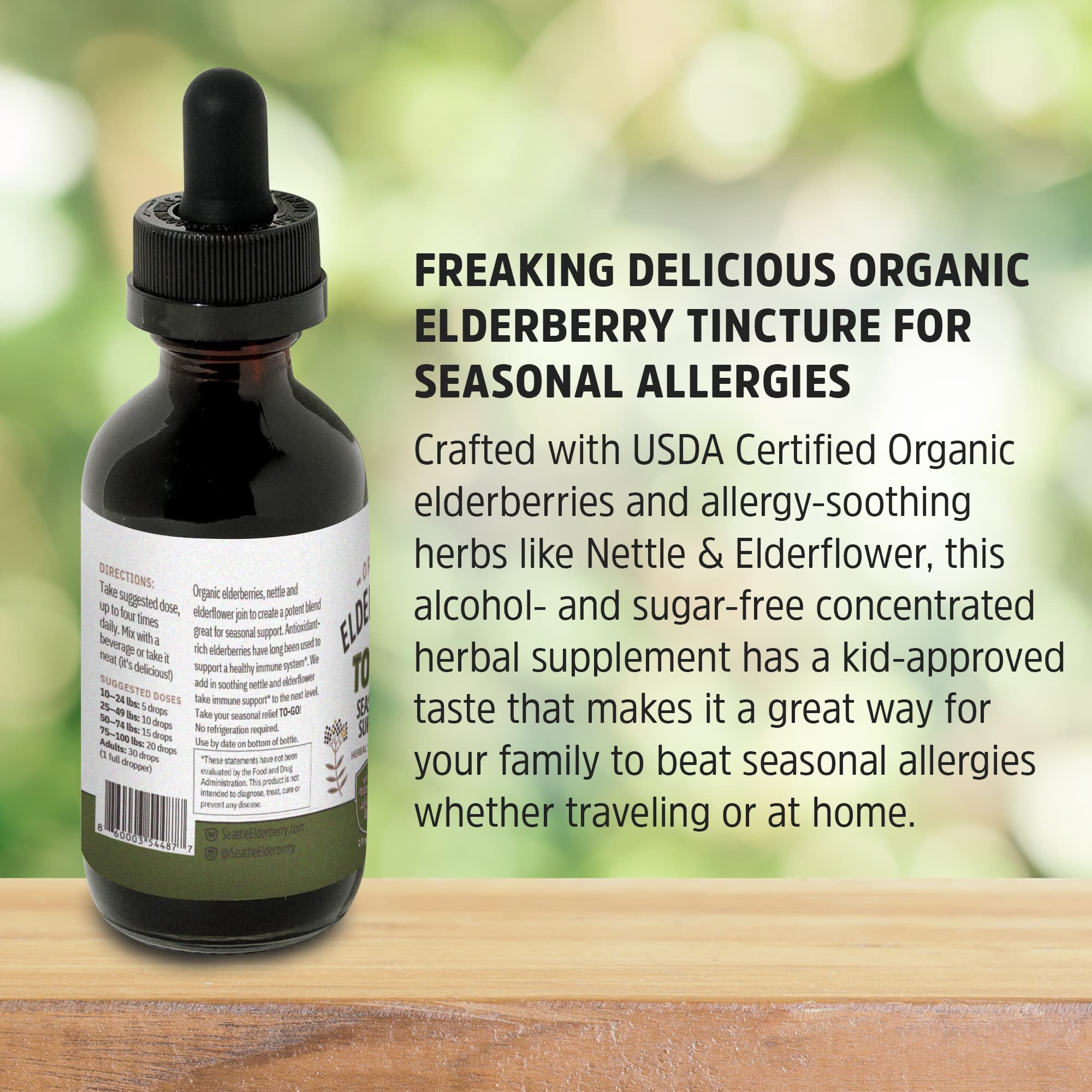 Seattle Elderberry to-Go bottle label shows organic vegan formula