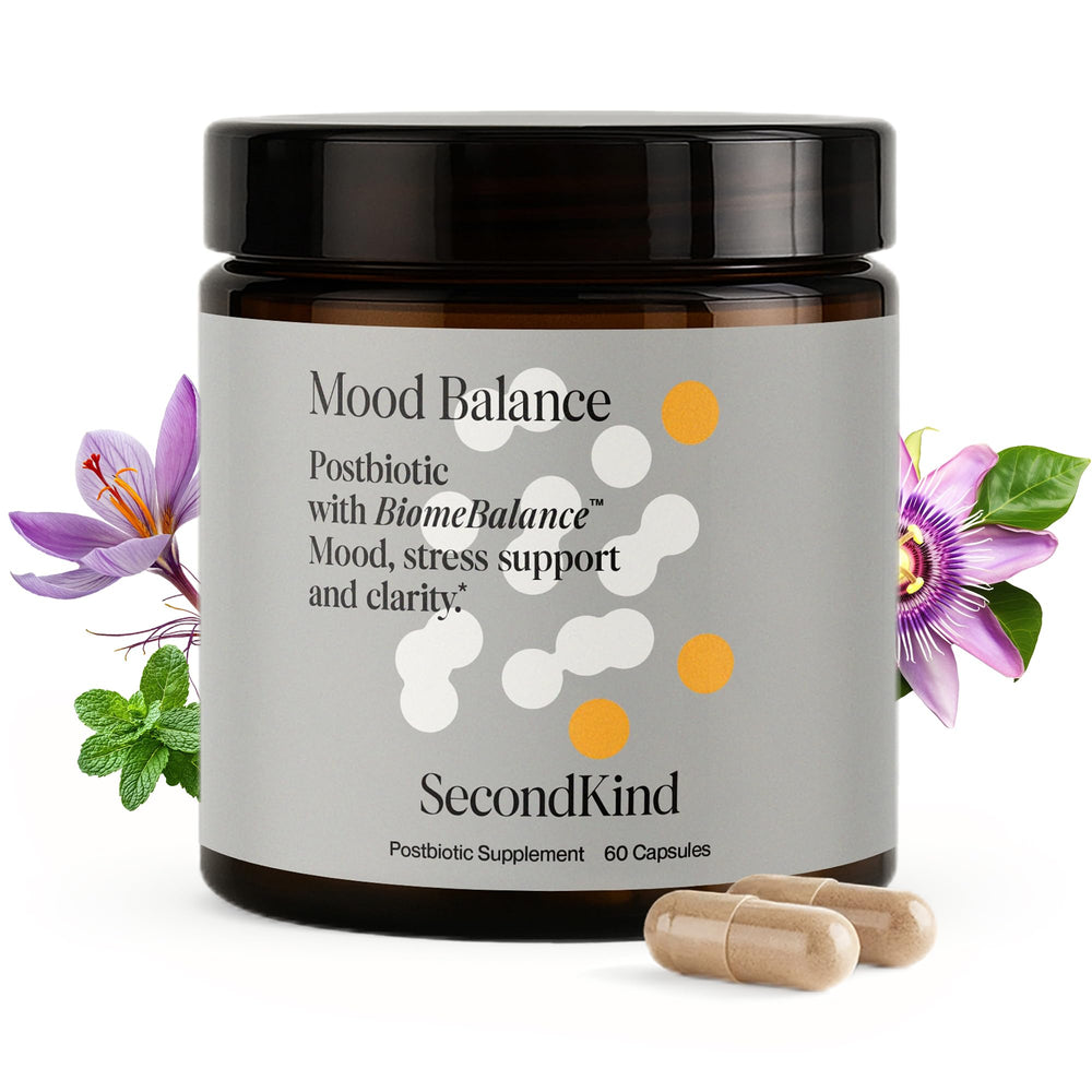 SecondKind Mood Balance bottle label close-up for emotional support and gut-brain balance.
