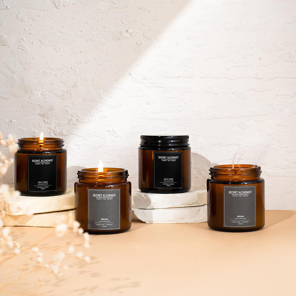 Secret Alchemist SelfCare Candle reusable glass jar packaging for sustainability.