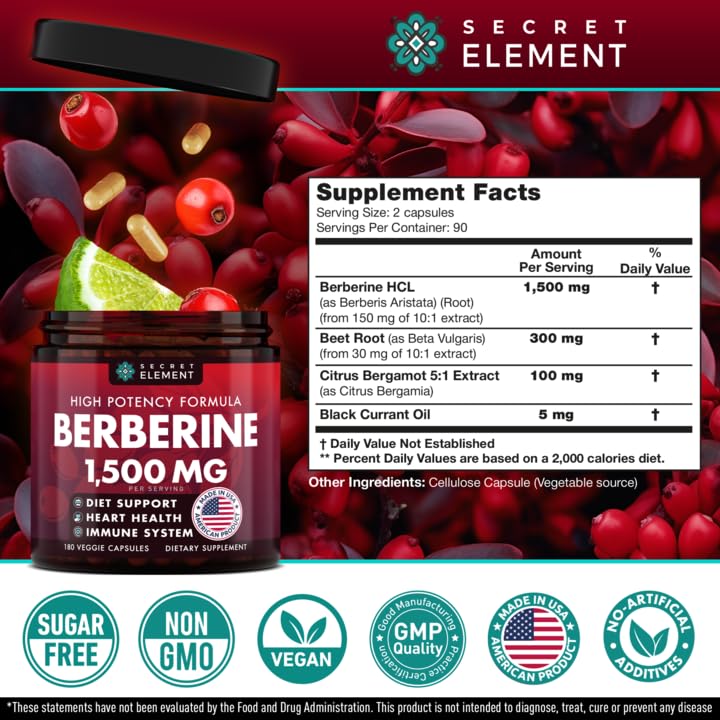 Secret Element Berberine HCL 180-capsule bottle for easy daily use