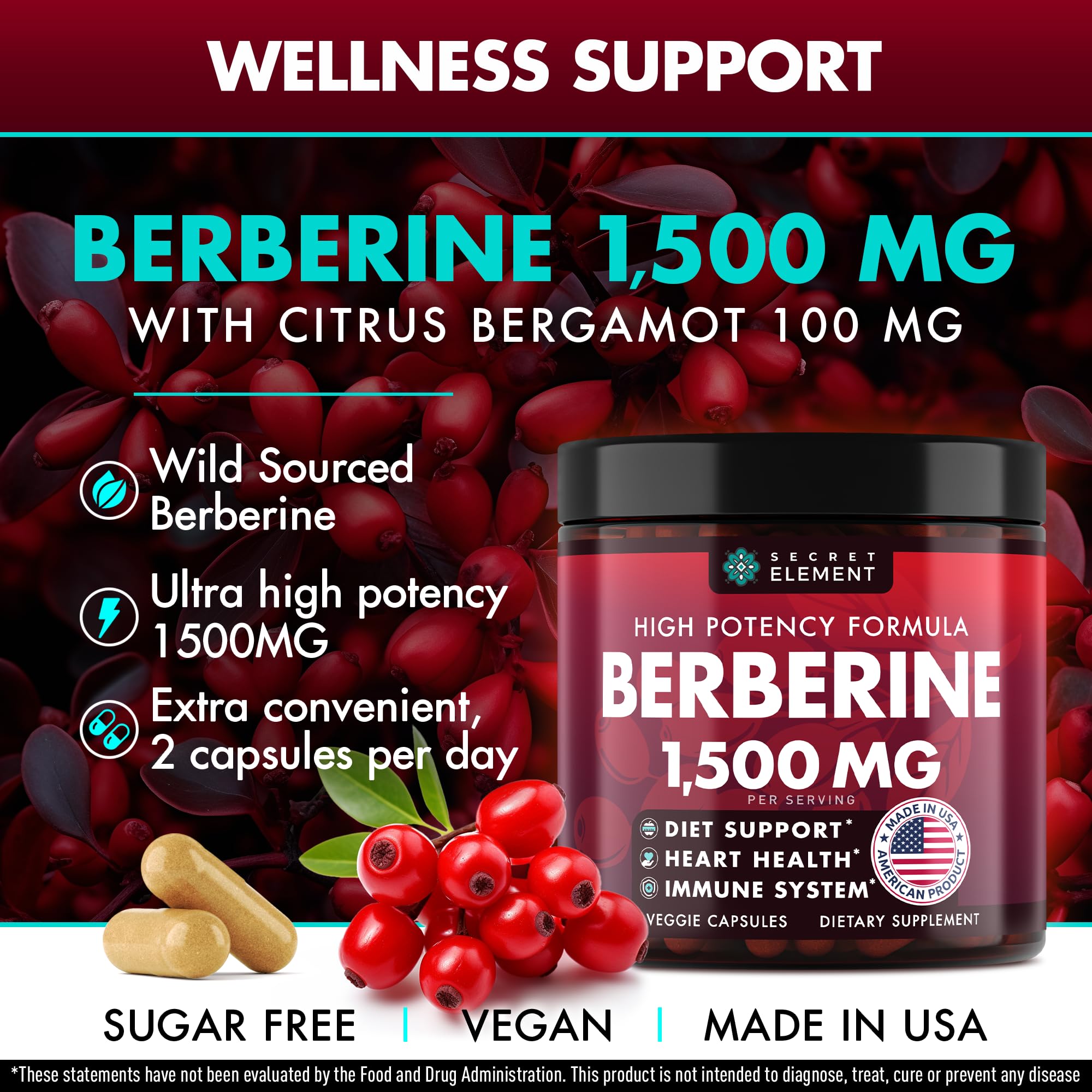 Secret Element Berberine HCL beet root capsules highlight vegan nutrition