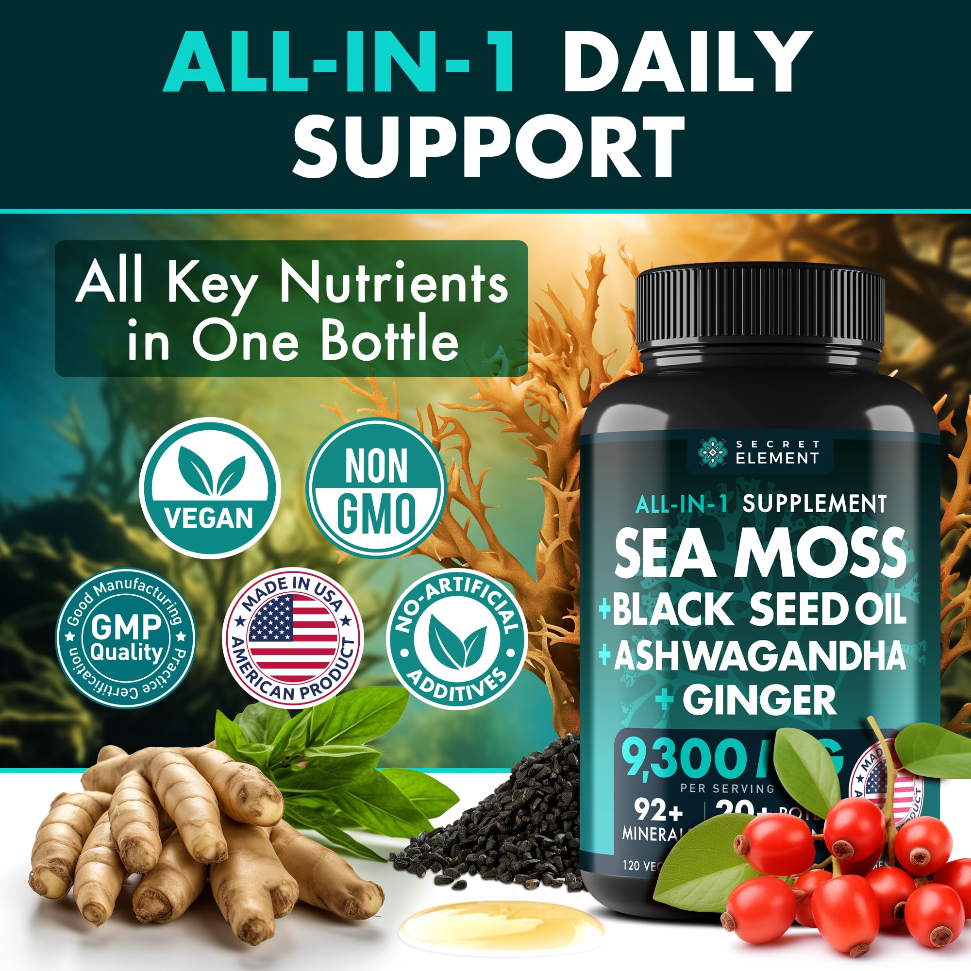Secret Element Black Seed Oil capsules closeup showing daily vitality potential.