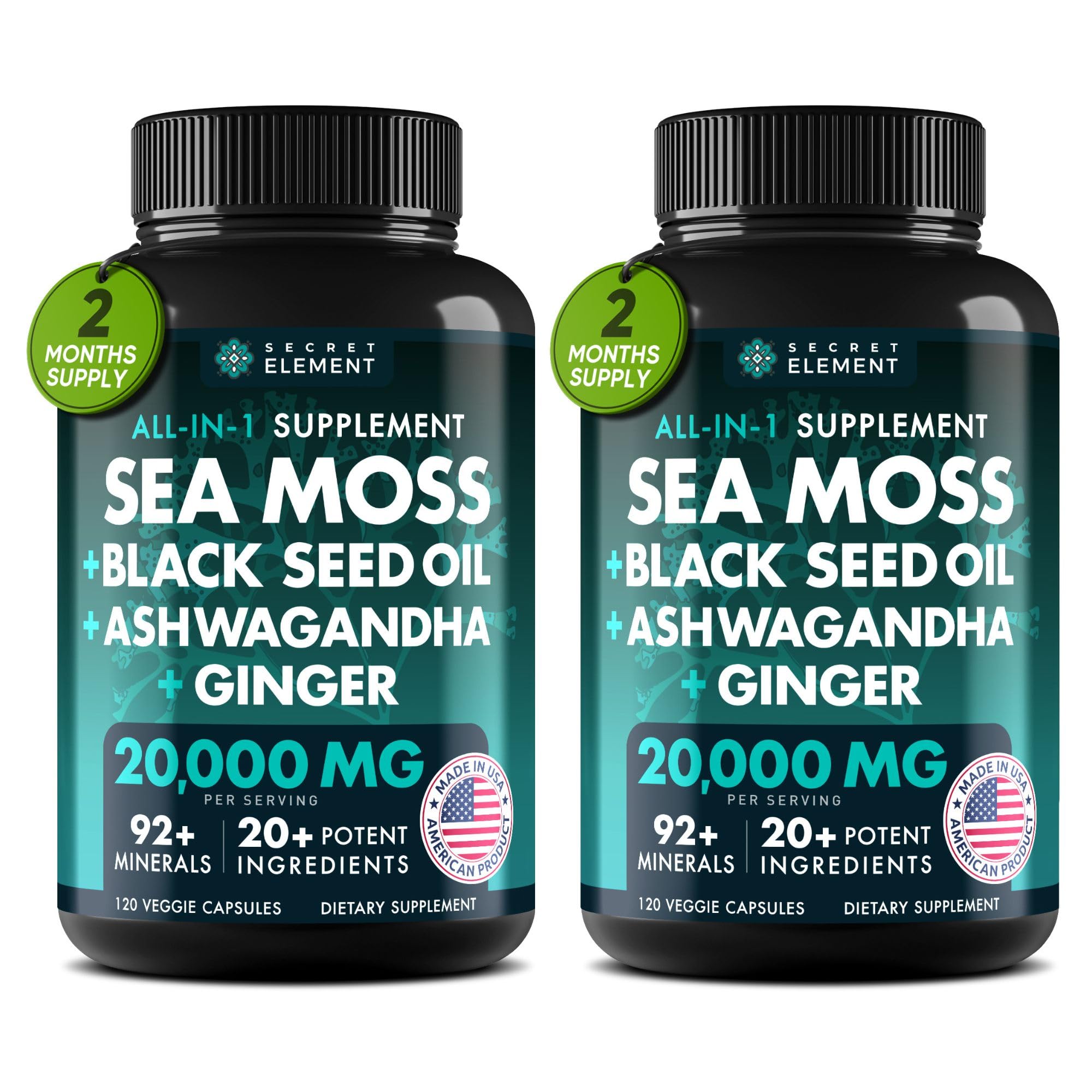 Secret Element Irish Sea Moss bottle closeup highlighting immune-support blend.