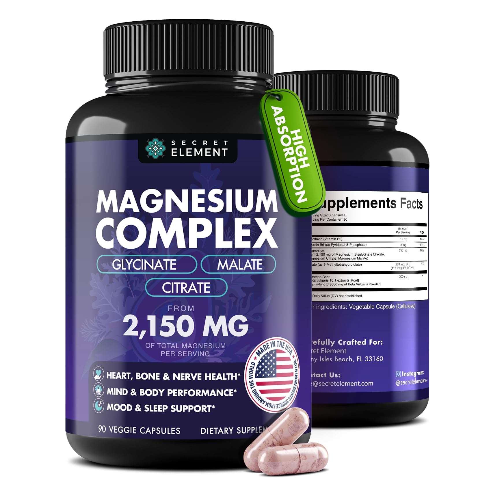 Secret Element Magnesium Complex bottle with capsules for daily mineral support.