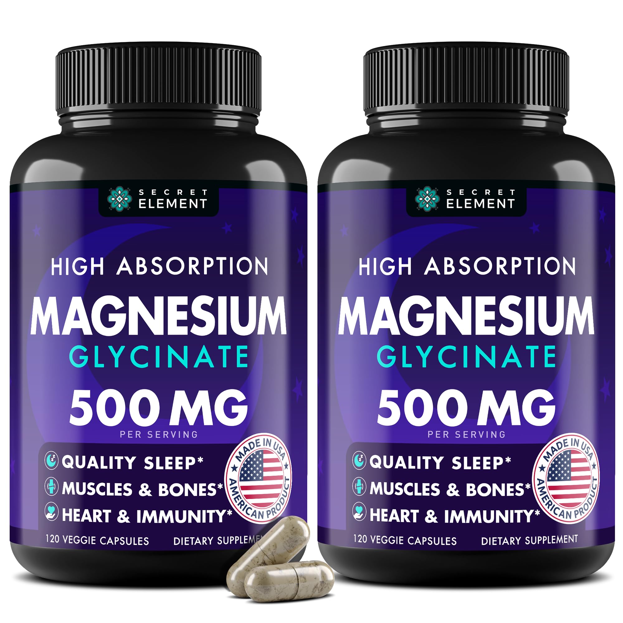 Secret Element magnesium glycinate capsules pack 2 packaging on counter for daily support.