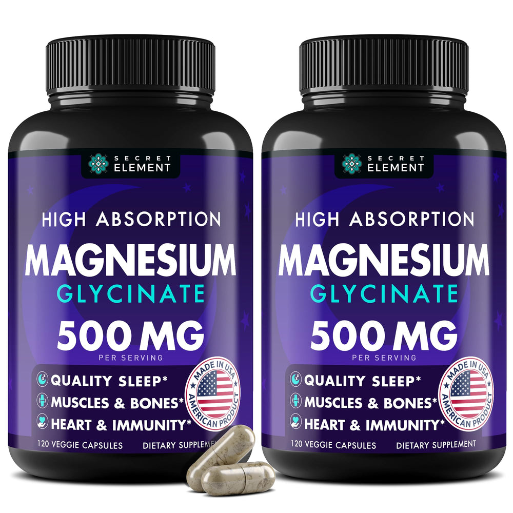 Secret Element magnesium glycinate capsules pack 2 packaging on counter for daily support.
