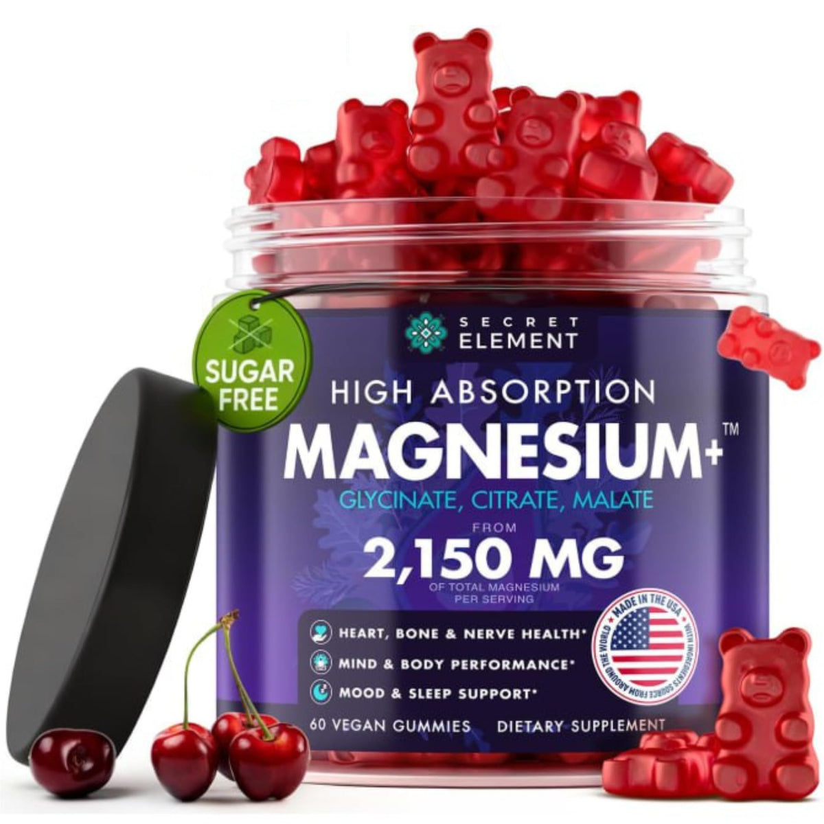 Secret Element Magnesium Gummies cherry bottle shows convenient daily chew for busy routines.