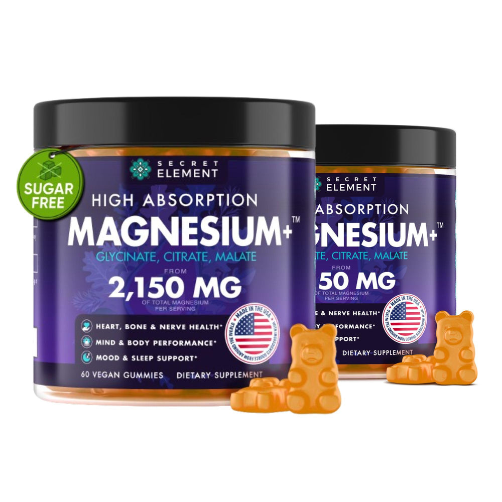Secret Element Magnesium Glycinate orange gummies, two-pack bottle on counter for daily wellness.