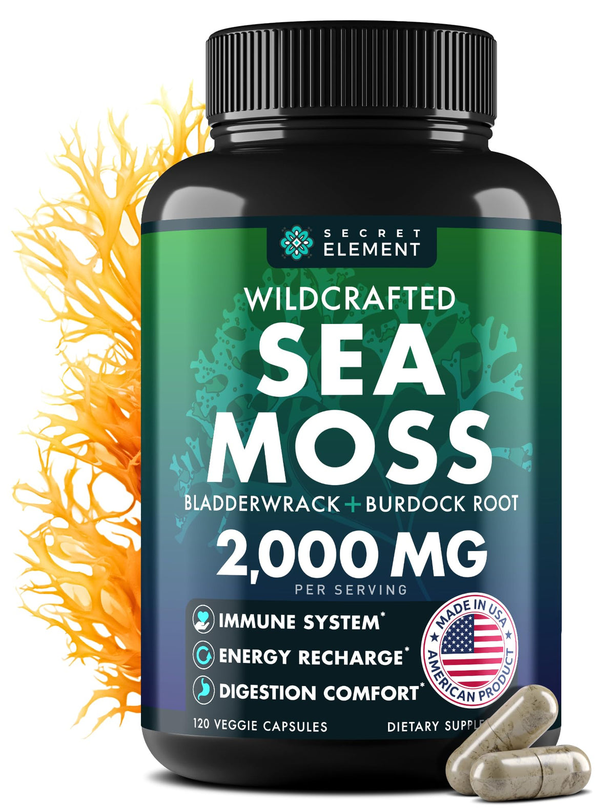 Secret Element Sea Moss Capsules with Burdock Root; daily wellness in a capsule.