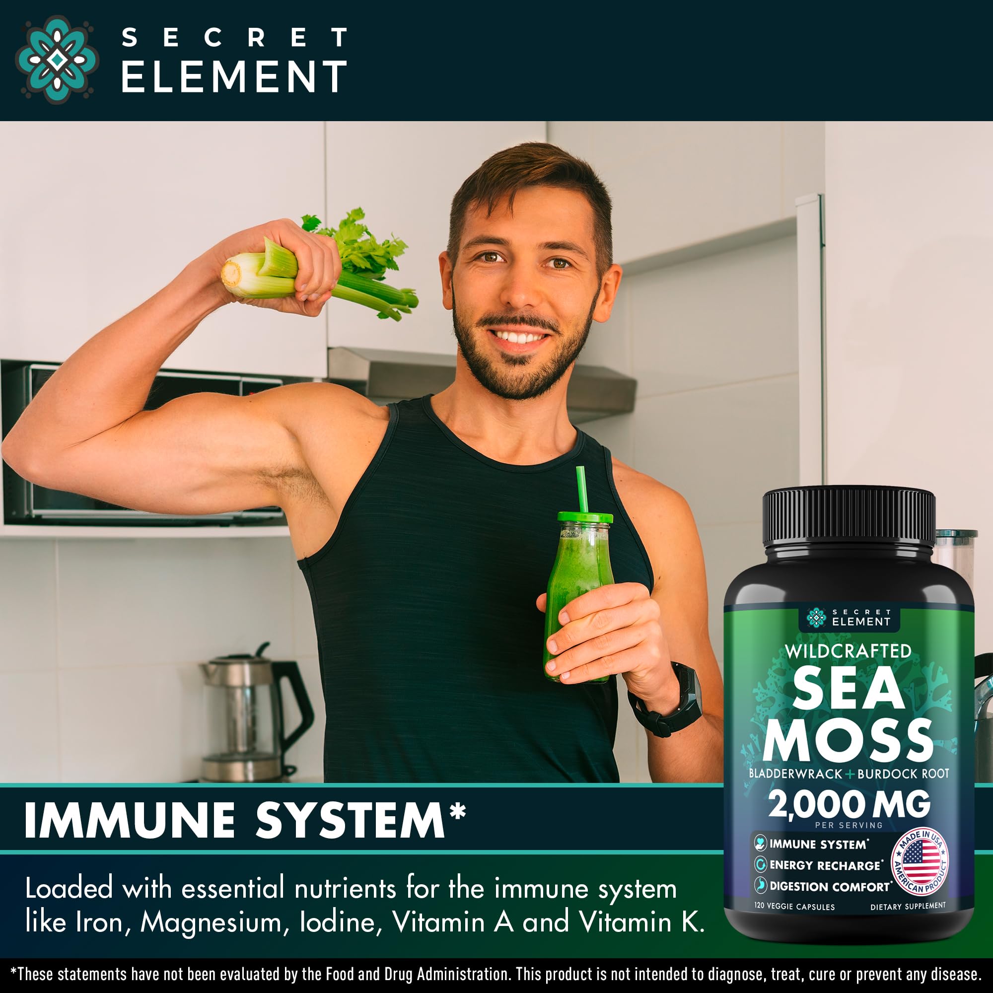 Secret Element Sea Moss Capsules close-up of capsules, easy to take with no fishy aftertaste