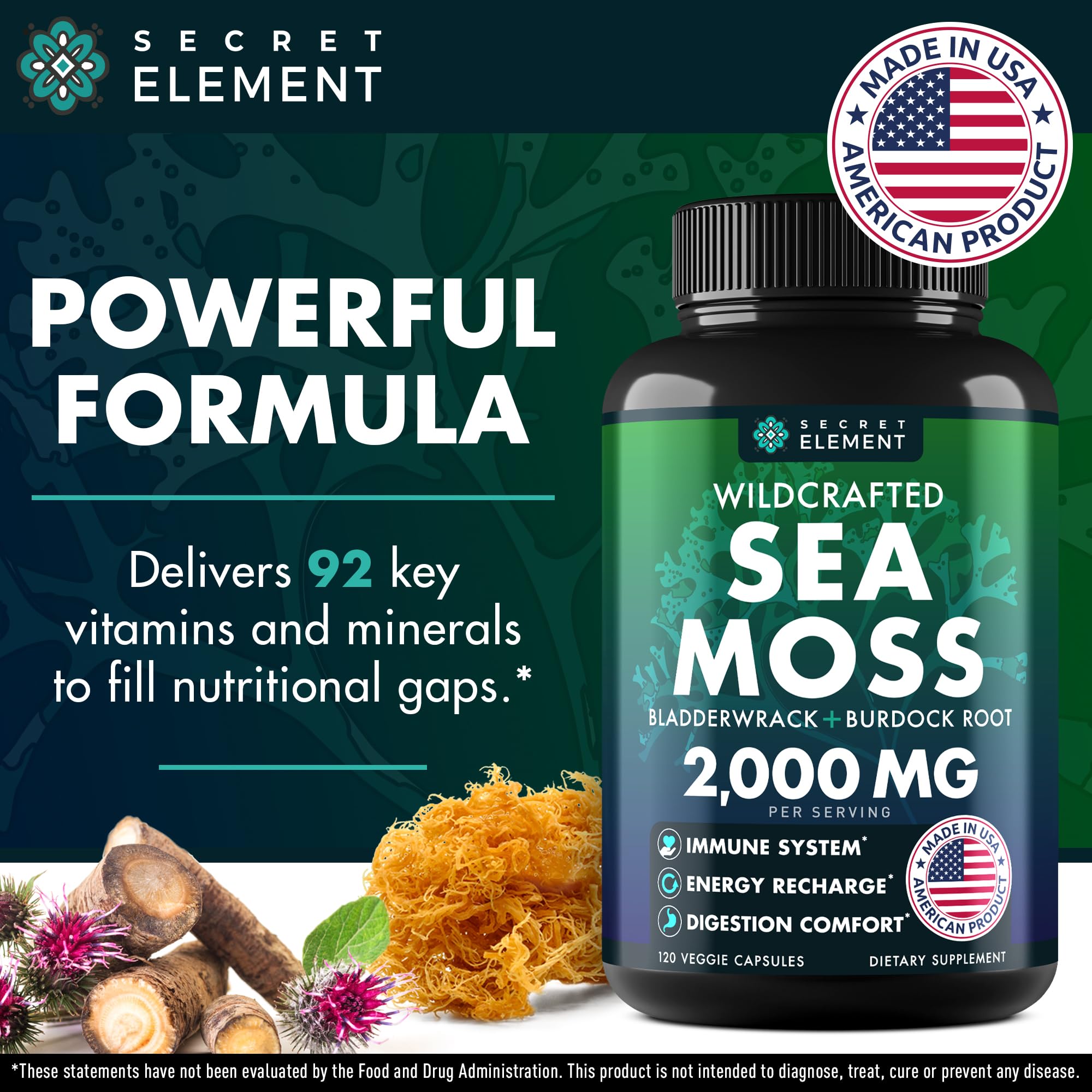Secret Element Sea Moss Capsules ingredients label with bladderwrack and burdock root for immune support