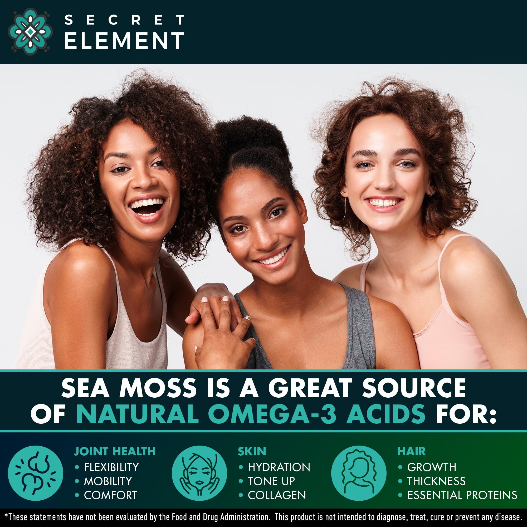 Secret Element Sea Moss Capsules label; made in the USA, gluten-free and non-GMO.