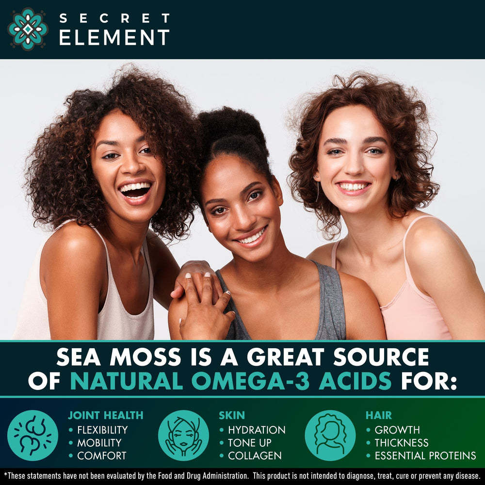 Secret Element Sea Moss Capsules label; made in the USA, gluten-free and non-GMO.