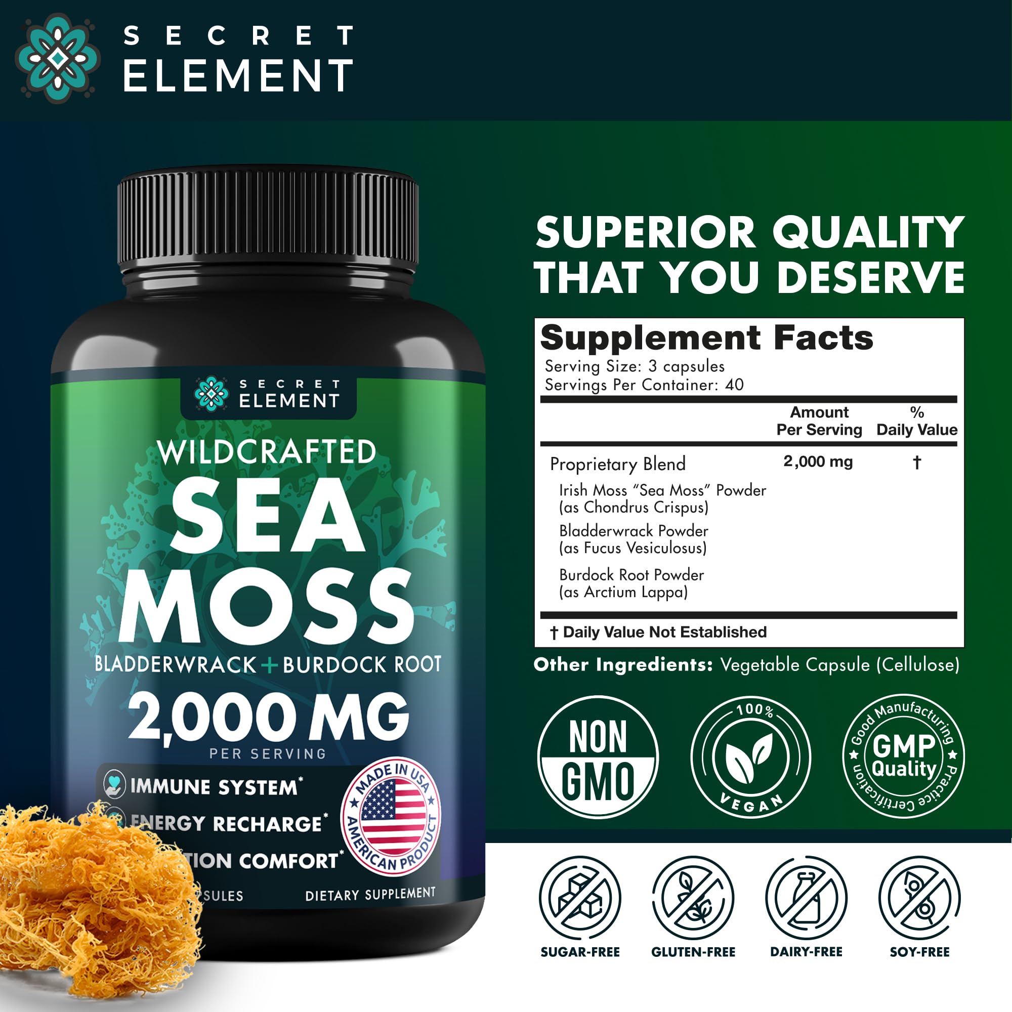 Secret Element Sea Moss Capsules pour; easy daily dosage in a glass of water.