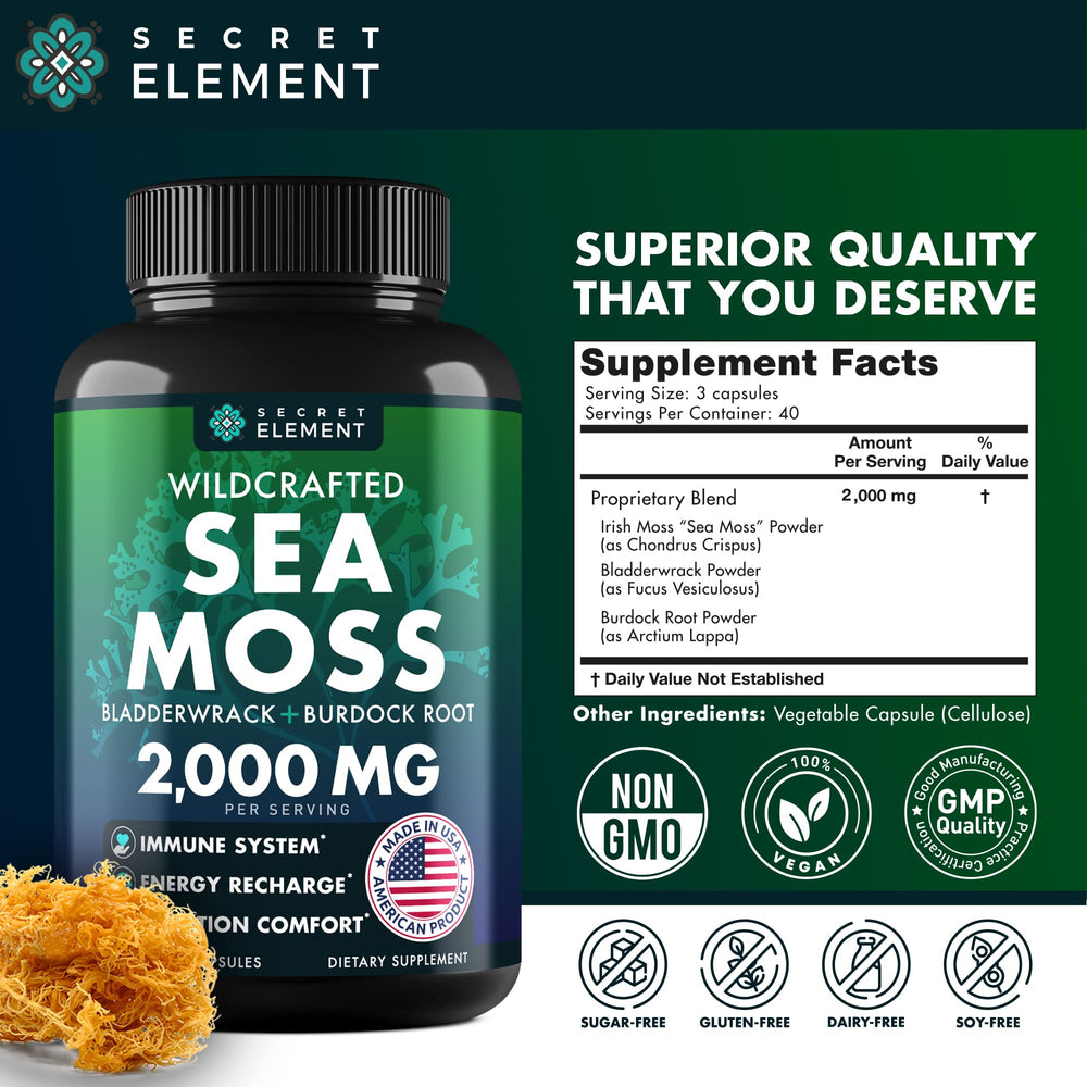 Secret Element Sea Moss Capsules pour; easy daily dosage in a glass of water.