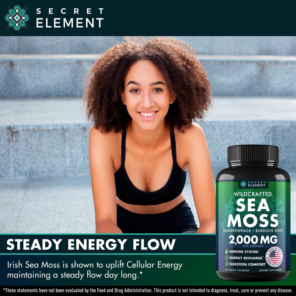 Secret Element Sea Moss Capsules USA-made quality seal indicating high manufacturing standards