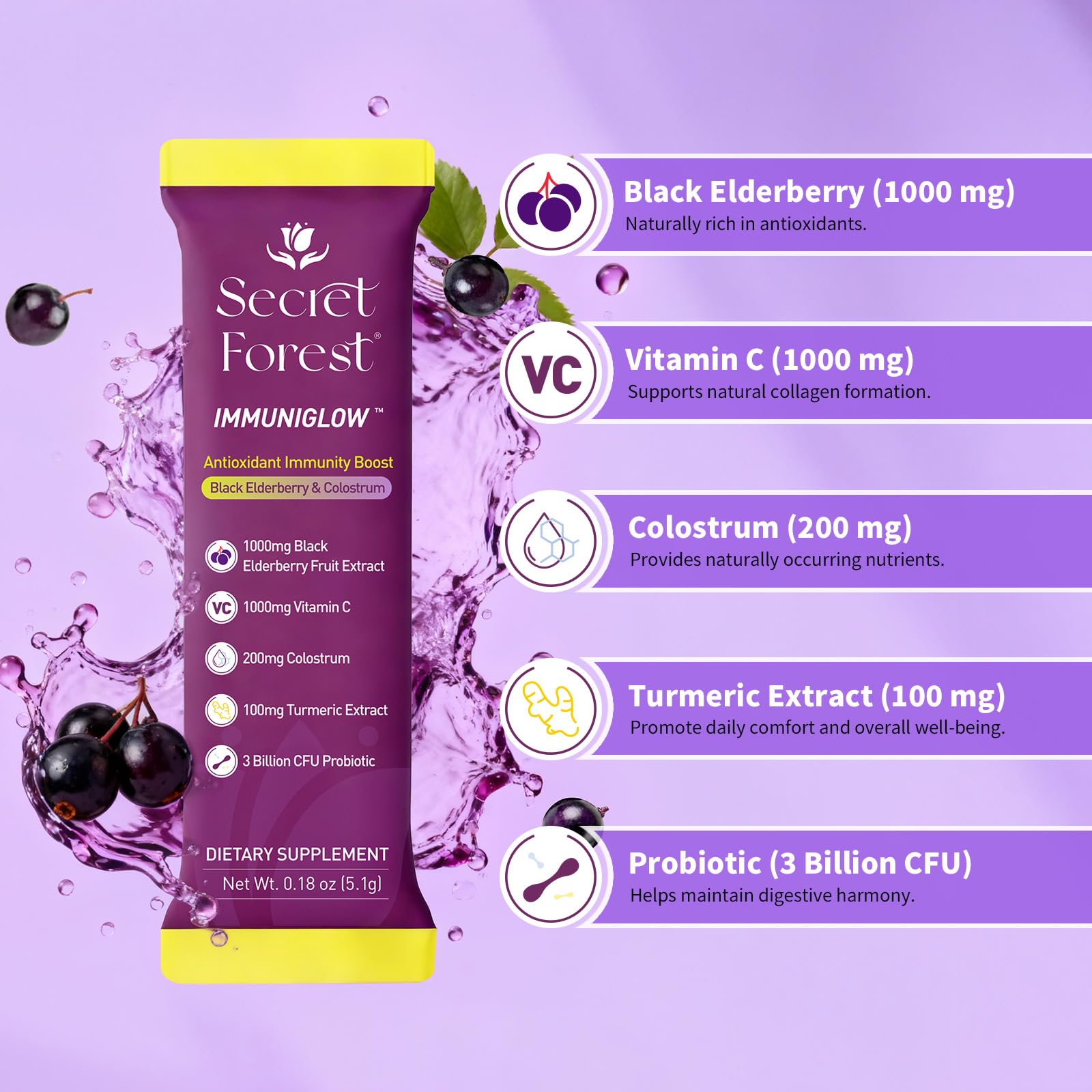 Secret Forest ImmuniGlow berry flavor dissolves smoothly in water for a refreshing drink.