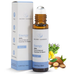 Secret Garden Energy Roll-On bottle pour enhances focus and mood during daily routines.