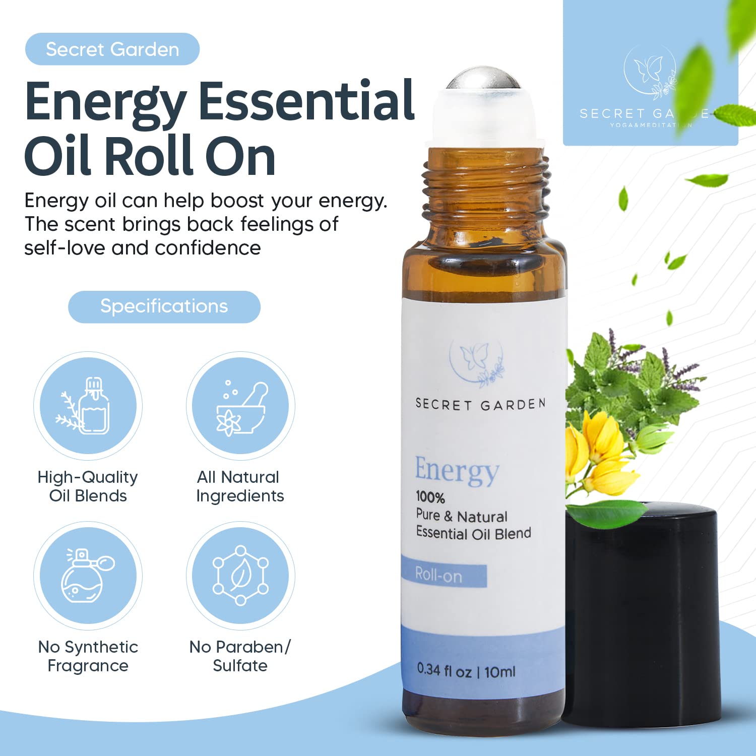 Secret Garden Energy Roll-On frankincense oil blend pour promotes calming ambiance for meditation.