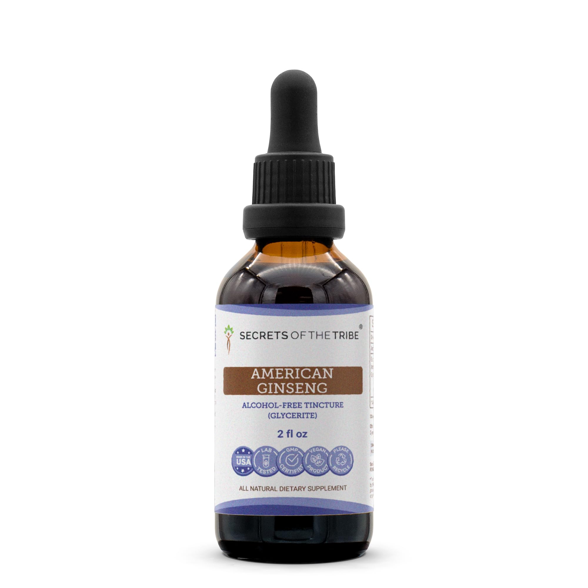 Secrets of the Tribe American Ginseng Tincture bottle close-up, alcohol-free extract for easy daily use