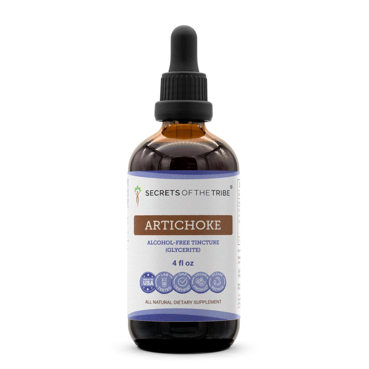 Secrets of the Tribe Artichoke Tincture bottle on counter for daily wellness.
