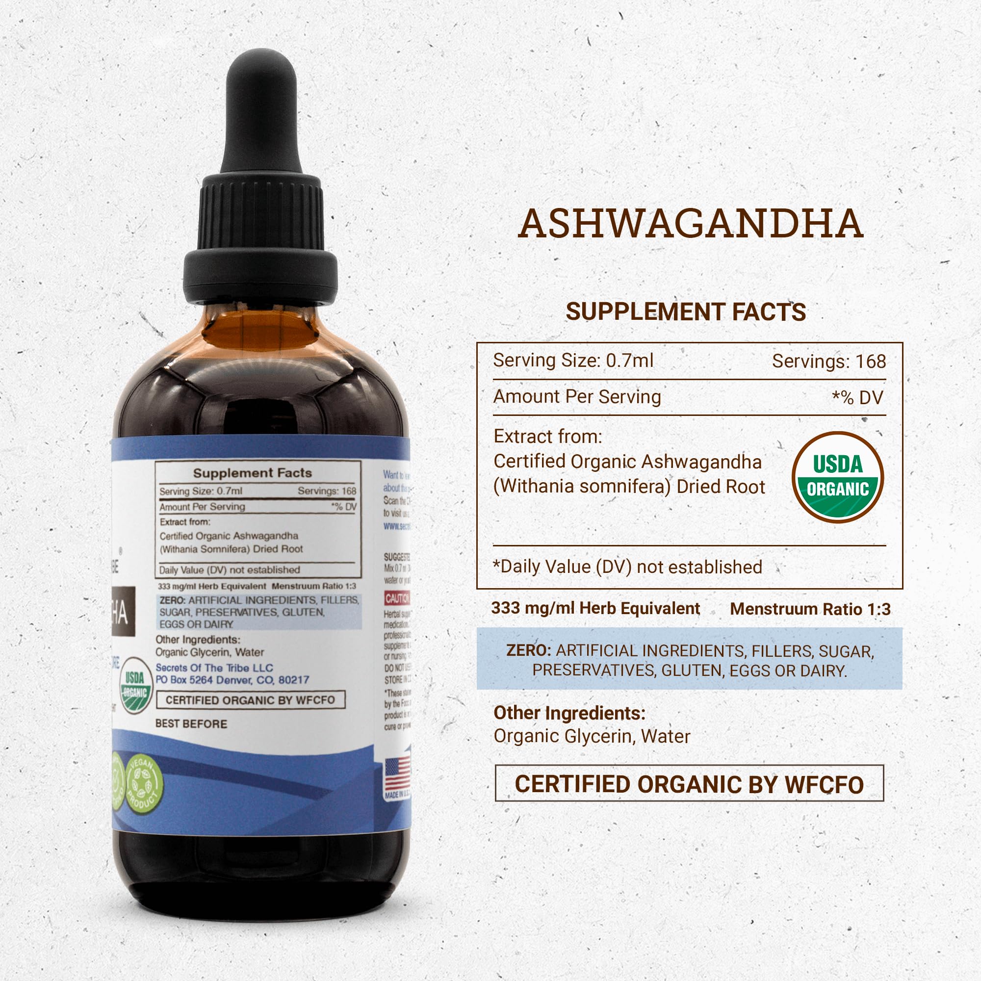 Secrets of the Tribe Ashwagandha tincture ingredients in natural backdrop.