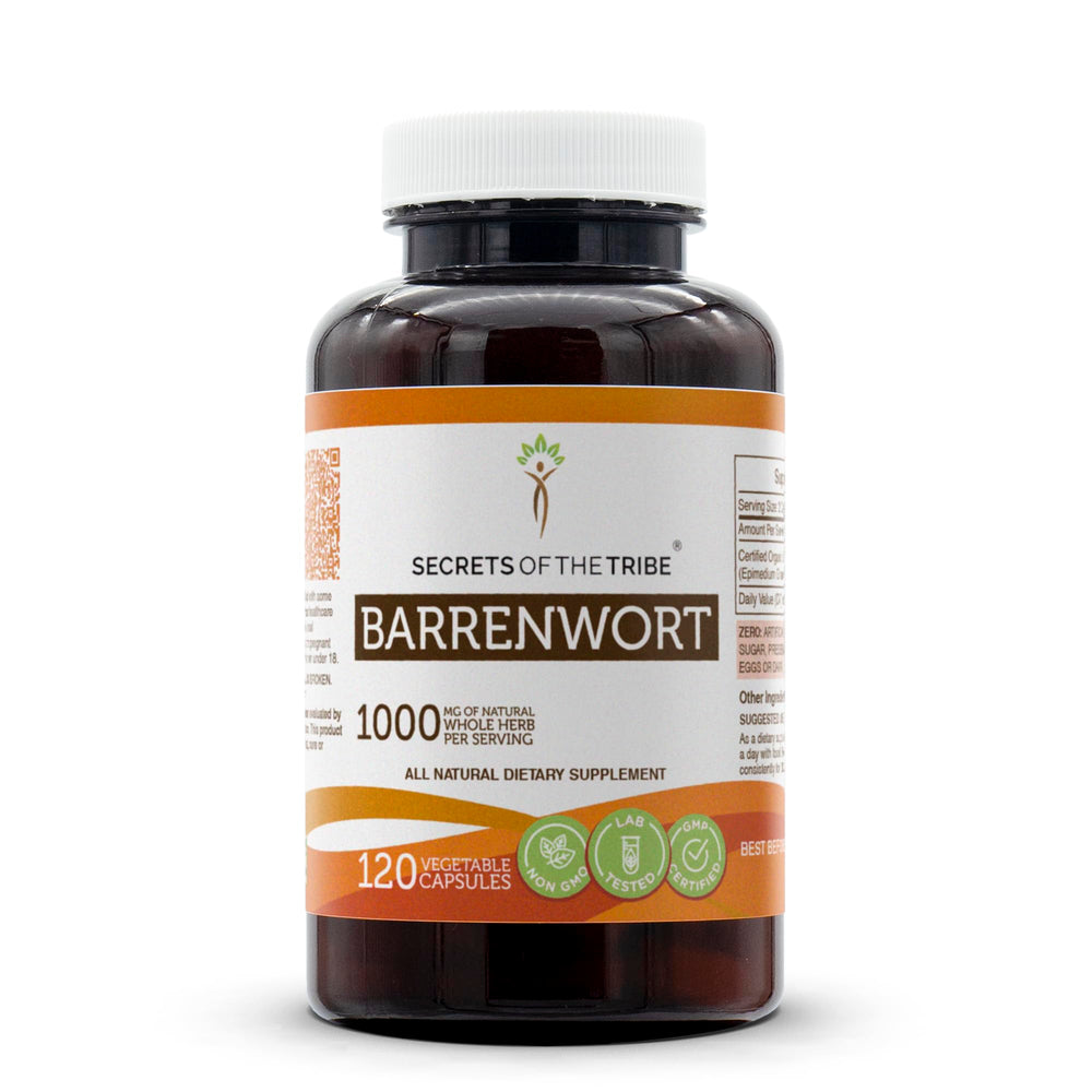Secrets of the Tribe Barrenwort capsules front view, ideal for daily wellness.