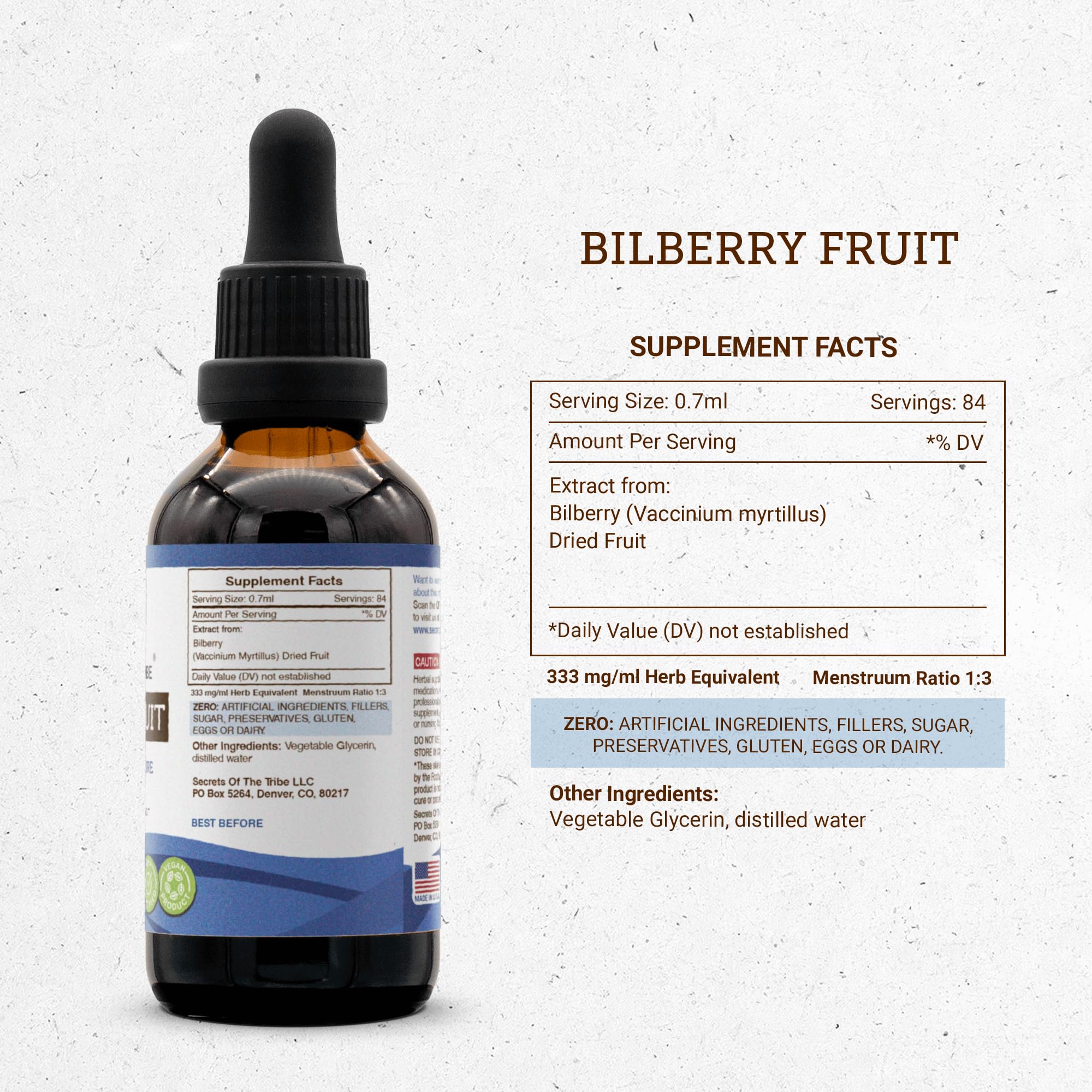 Front view of Secrets of the Tribe bilberry bottle for daily use.