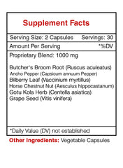 Secrets of the Tribe bottle label emphasizes purity and natural formulation for healthy legs