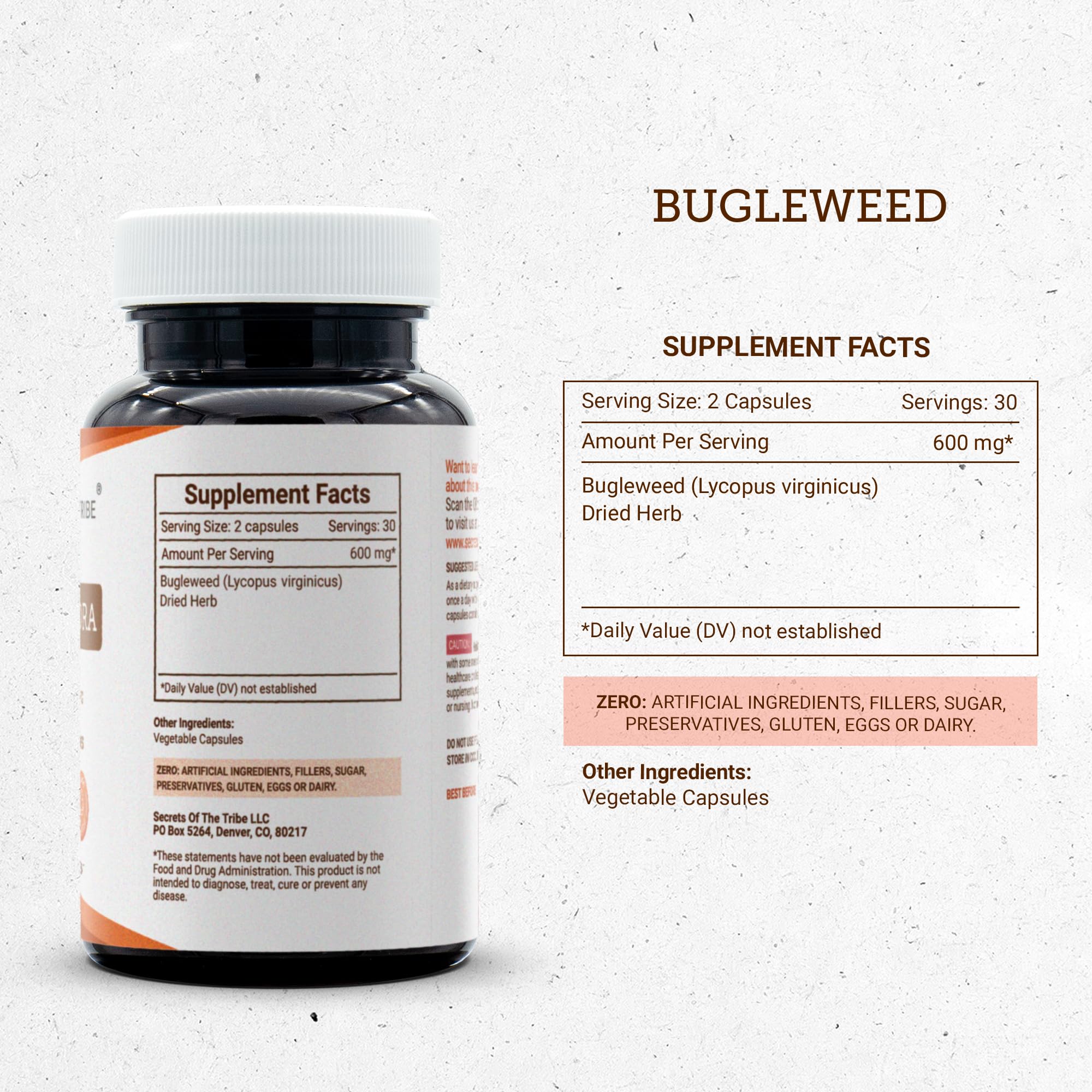 Secrets of the Tribe Bugleweed dried herb image highlights natural, high-potency material.