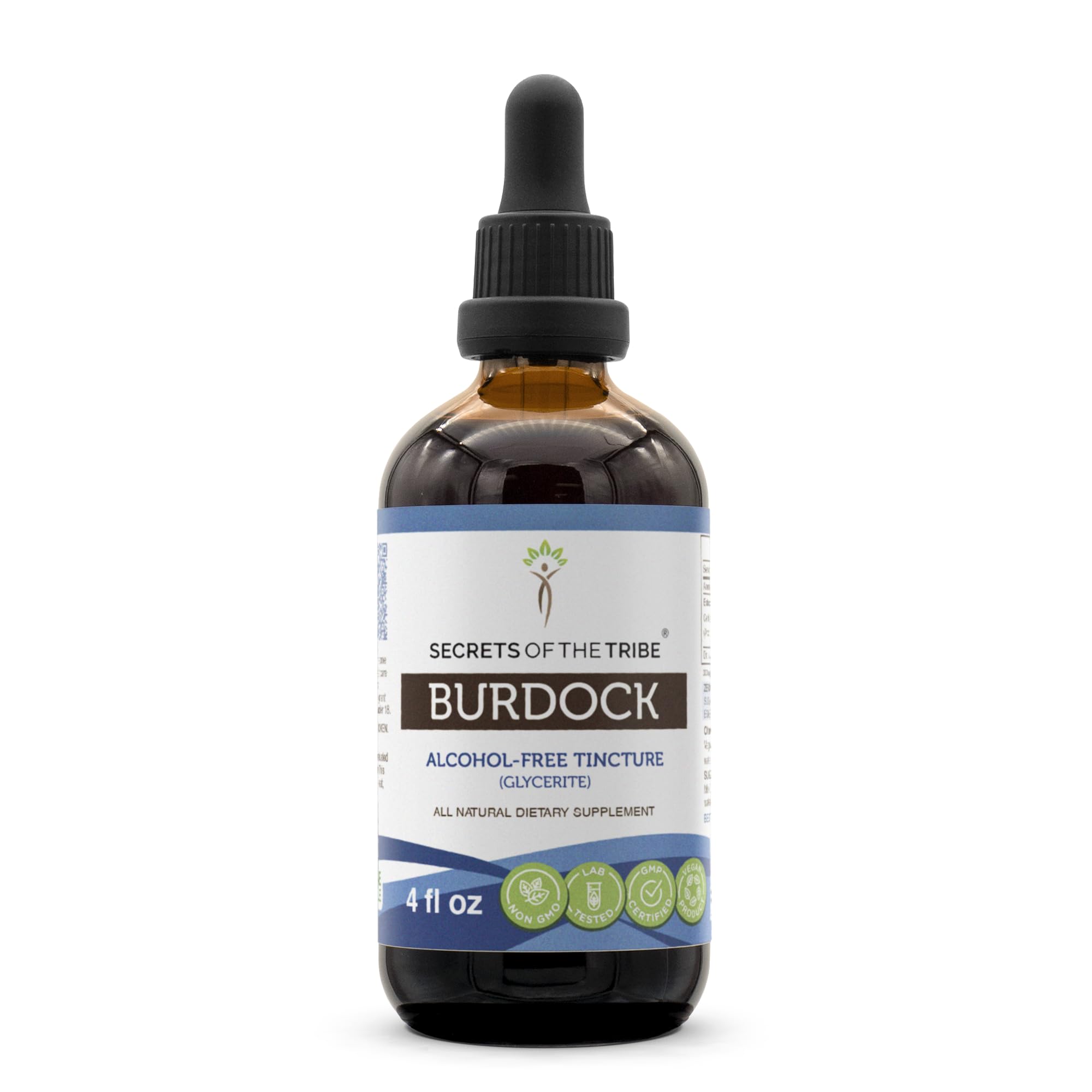 Secrets of the Tribe Burdock Tincture bottle showing easy daily dosing and purity.
