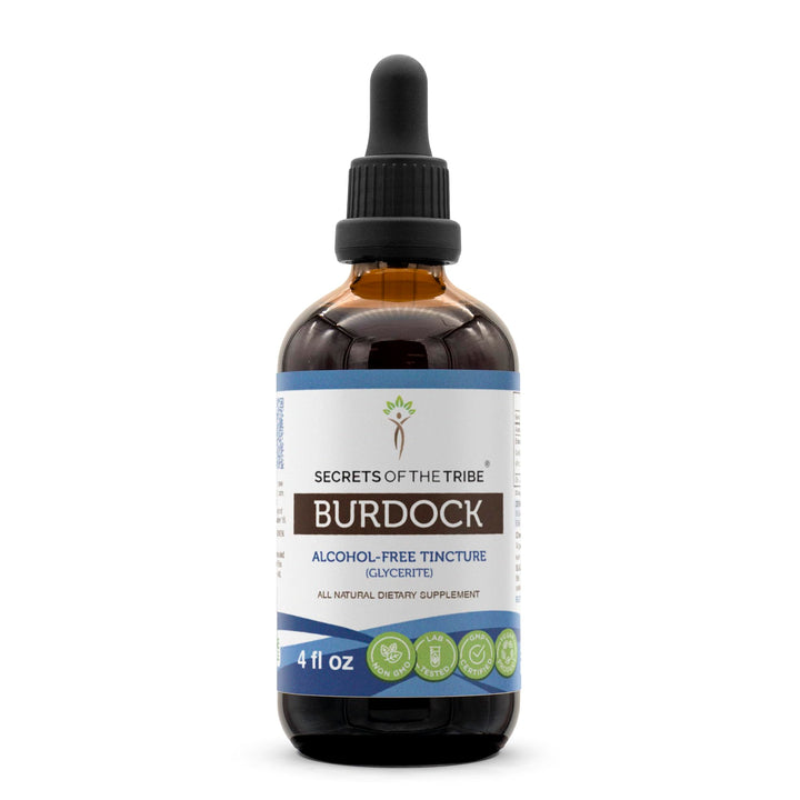 Secrets of the Tribe Burdock Tincture bottle showing easy daily dosing and purity.