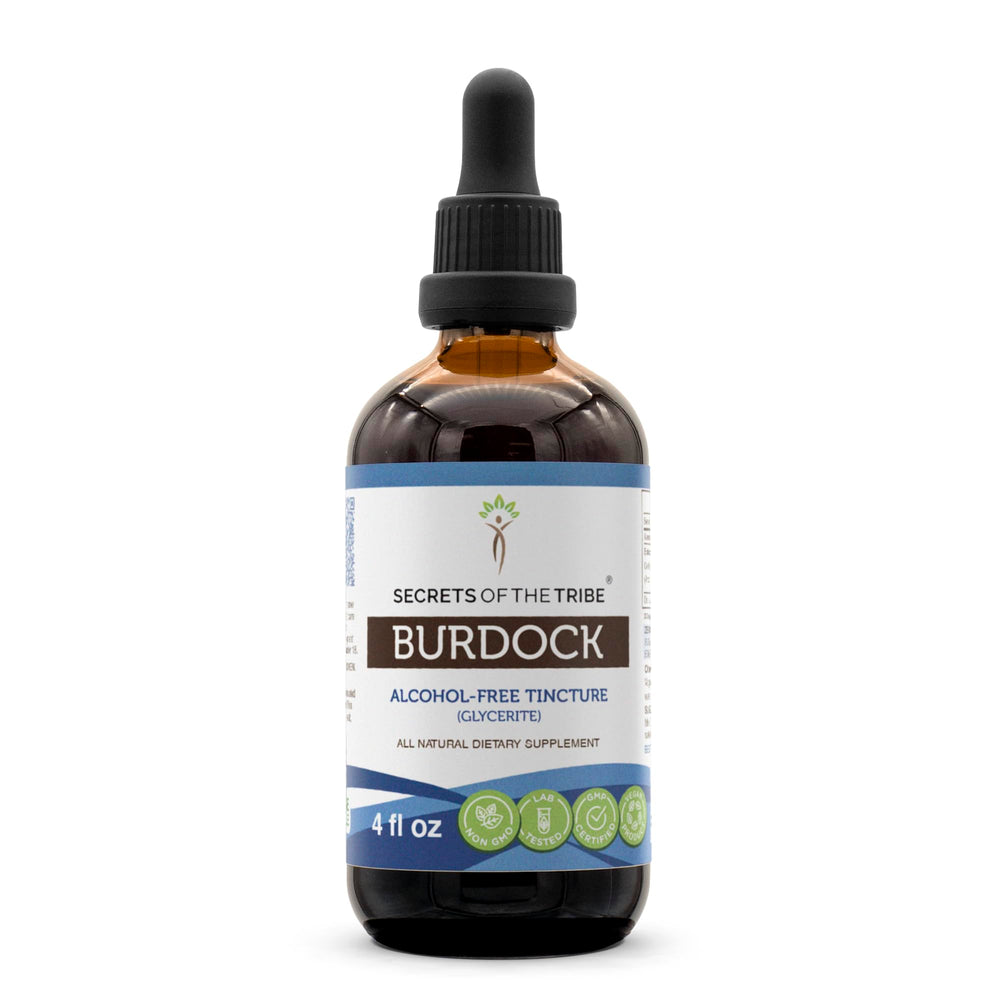 Secrets of the Tribe Burdock Tincture bottle showing easy daily dosing and purity.